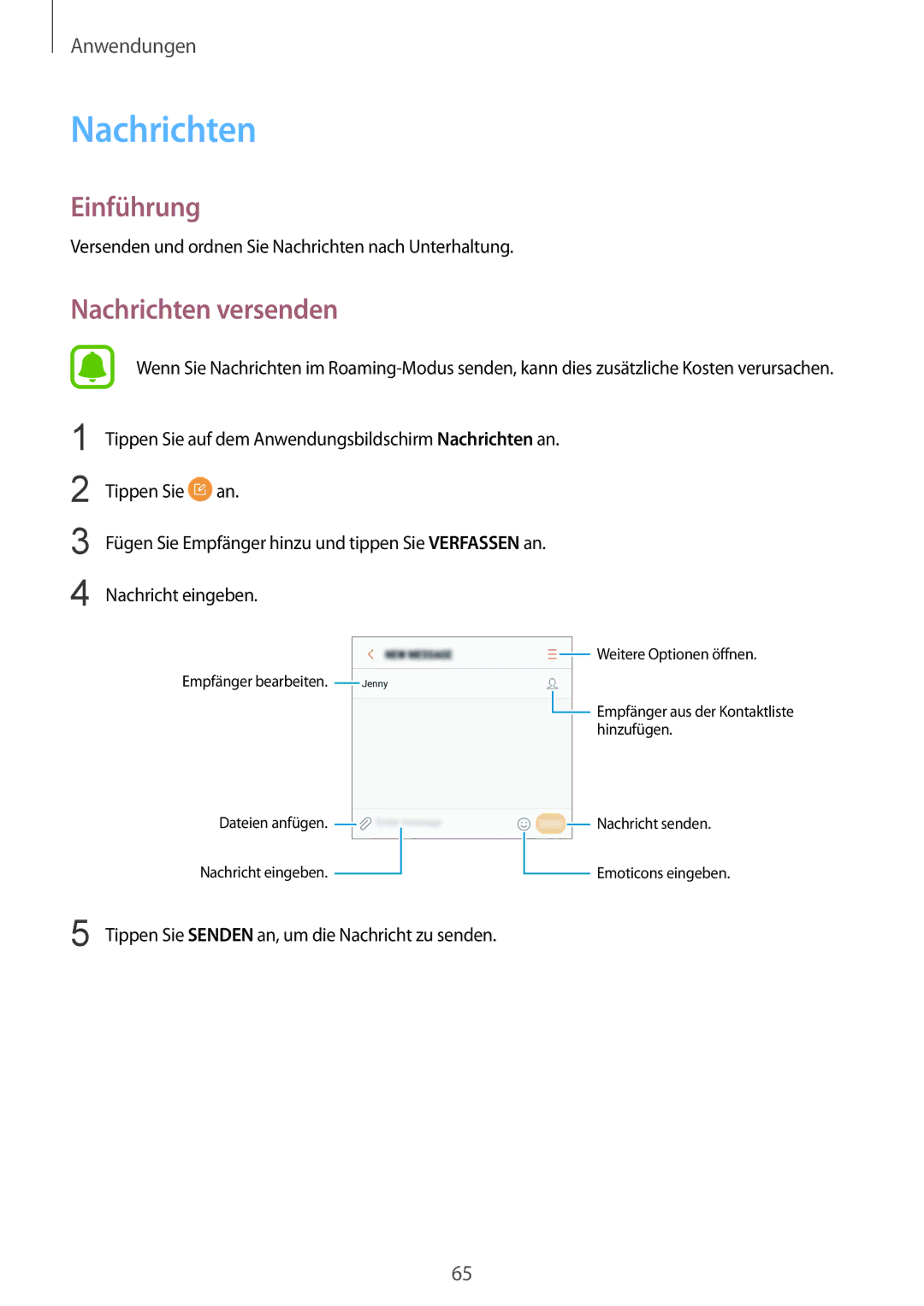 Samsung SM-G920FZKEDBT, SM-G920FZKFDBT, SM-G920FZDEDBT, SM-G920FZBEDBT, SM-G920FZBFDBT manual Nachrichten versenden 