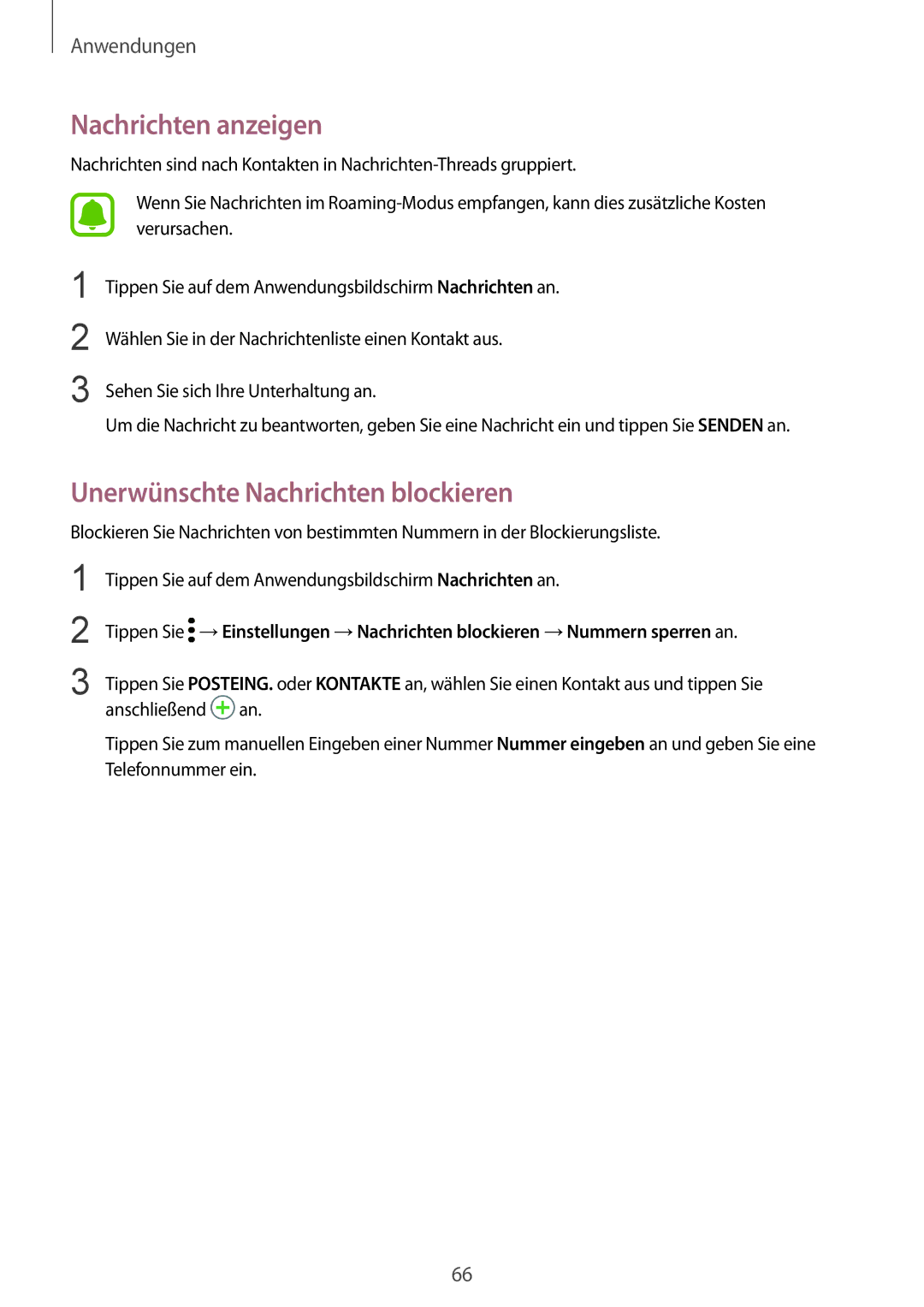 Samsung SM-G920FZDEDBT, SM-G920FZKFDBT, SM-G920FZKEDBT manual Nachrichten anzeigen, Unerwünschte Nachrichten blockieren 