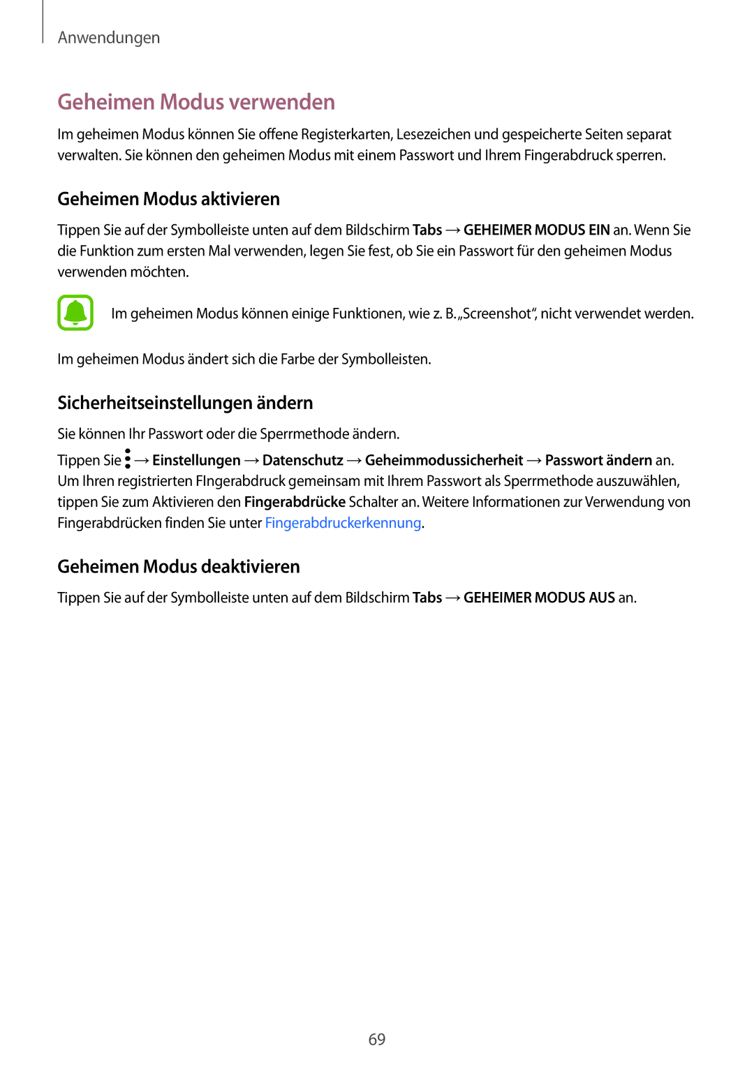 Samsung SM-G920FZWEDBT manual Geheimen Modus verwenden, Geheimen Modus aktivieren, Sicherheitseinstellungen ändern 