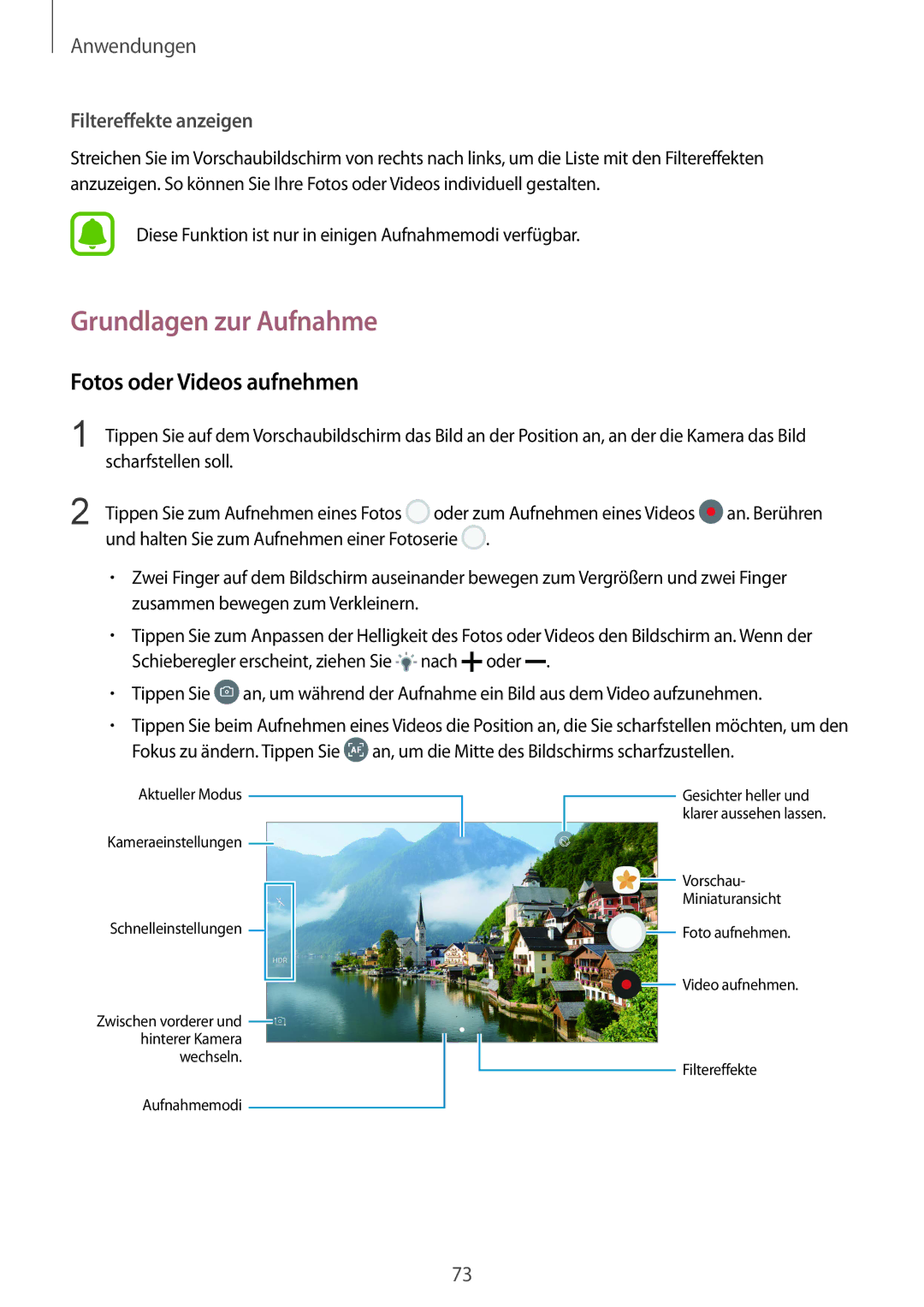 Samsung SM-G920FZKEDBT, SM-G920FZKFDBT manual Grundlagen zur Aufnahme, Fotos oder Videos aufnehmen, Filtereffekte anzeigen 