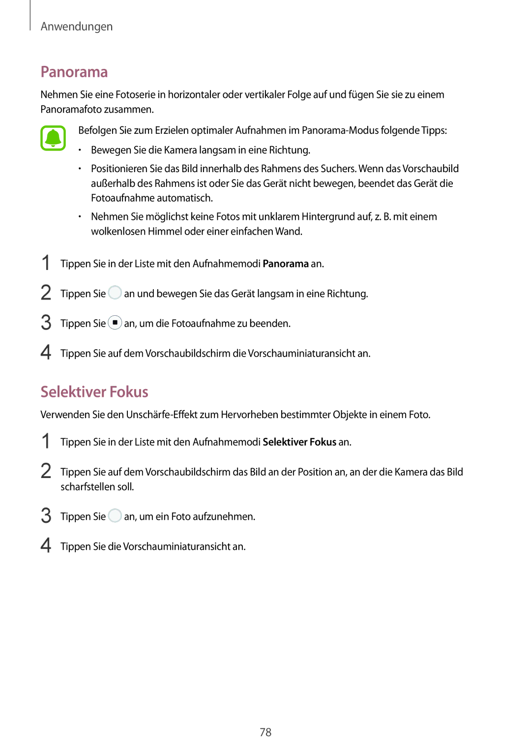 Samsung SM-G920FZWFDBT, SM-G920FZKFDBT, SM-G920FZKEDBT, SM-G920FZDEDBT, SM-G920FZBEDBT manual Panorama, Selektiver Fokus 