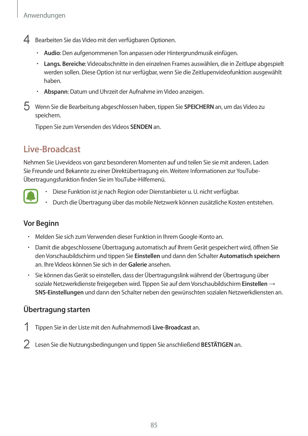 Samsung SM-G920FZWEDBT, SM-G920FZKFDBT, SM-G920FZKEDBT, SM-G920FZDEDBT manual Live-Broadcast, Vor Beginn, Übertragung starten 