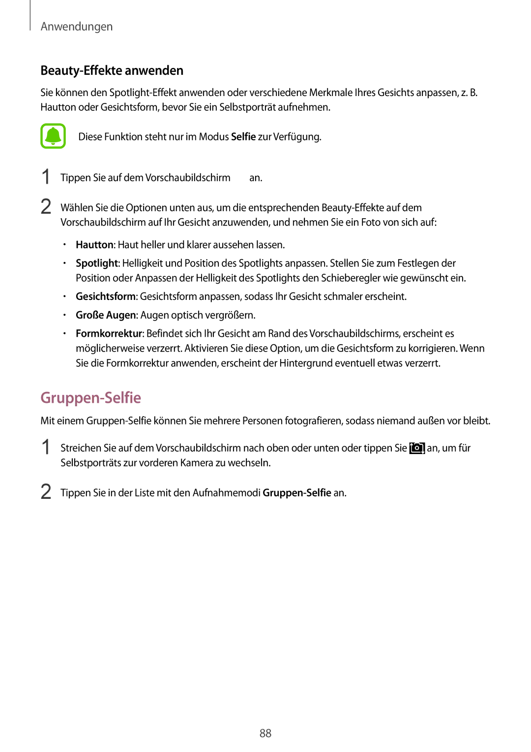 Samsung SM-G920FZKFDBT, SM-G920FZKEDBT, SM-G920FZDEDBT, SM-G920FZBEDBT manual Gruppen-Selfie, Beauty-Effekte anwenden 