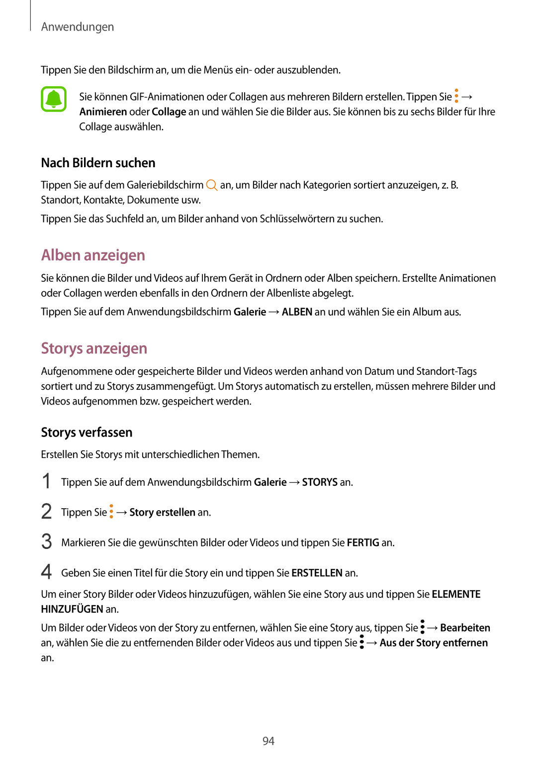 Samsung SM-G920FZWFDBT, SM-G920FZKFDBT manual Alben anzeigen, Storys anzeigen, Nach Bildern suchen, Storys verfassen 