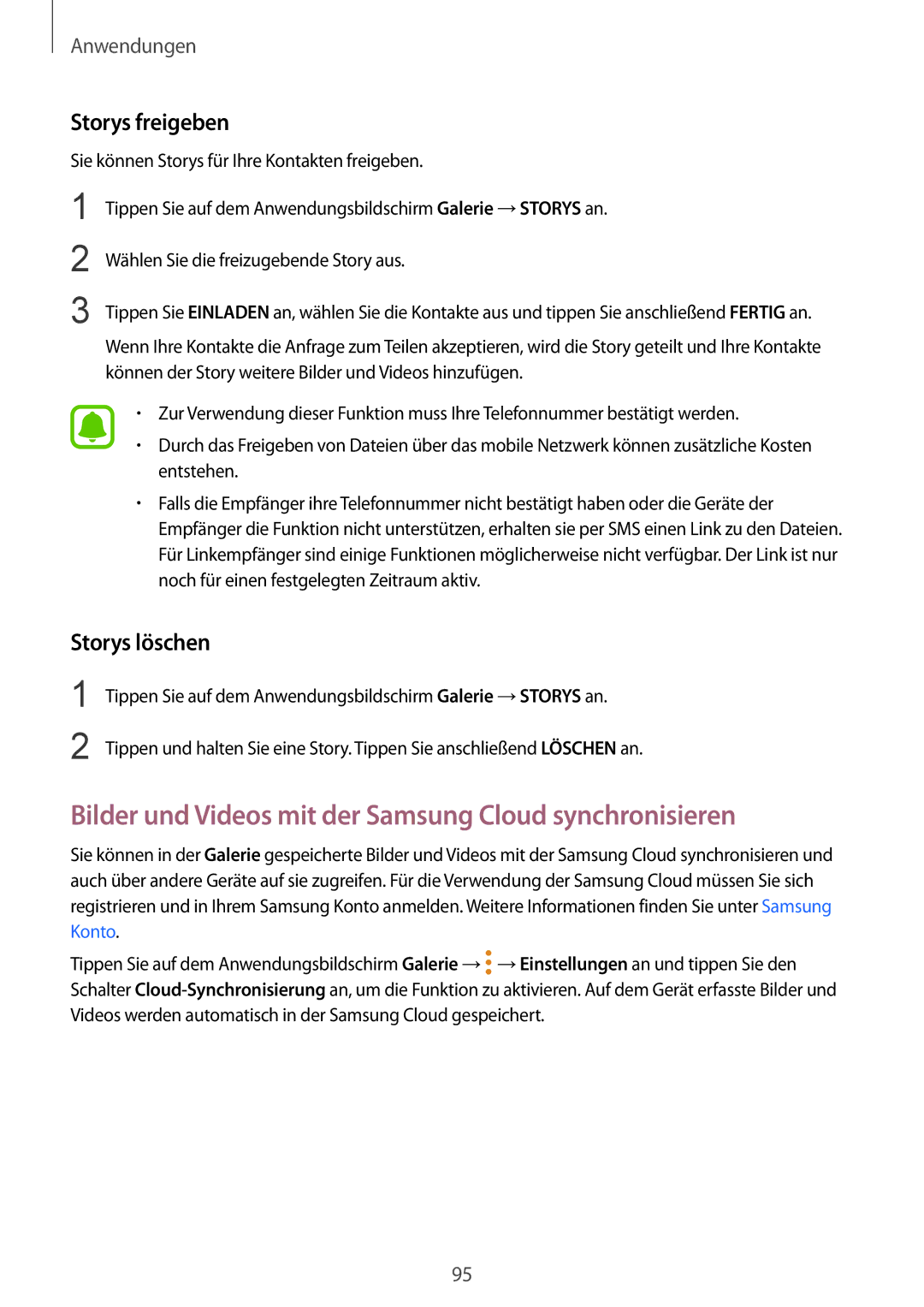 Samsung SM-G920FZDFDBT manual Bilder und Videos mit der Samsung Cloud synchronisieren, Storys freigeben, Storys löschen 