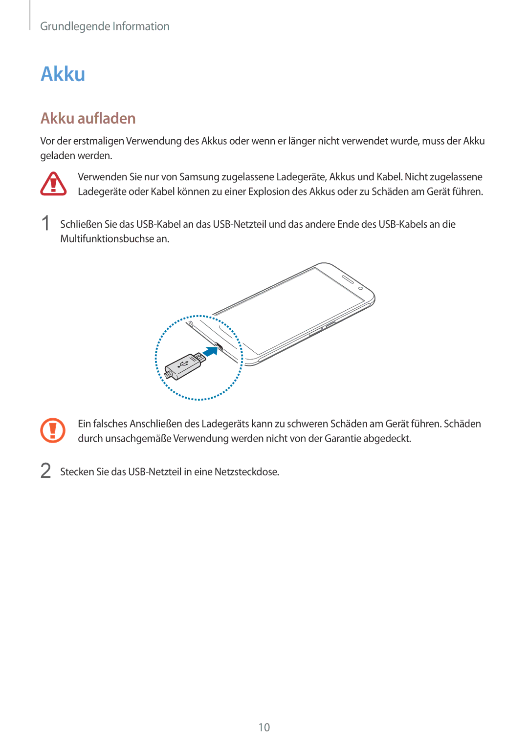 Samsung SM-G920FZDEDBT, SM-G920FZKFDBT, SM-G920FZKEDBT, SM-G920FZBEDBT, SM-G920FZBFDBT, SM-G920FZWEDBT manual Akku aufladen 