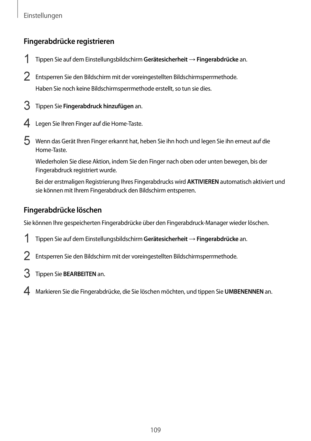 Samsung SM-G920FZWEDBT manual Fingerabdrücke registrieren, Fingerabdrücke löschen, Tippen Sie Fingerabdruck hinzufügen an 