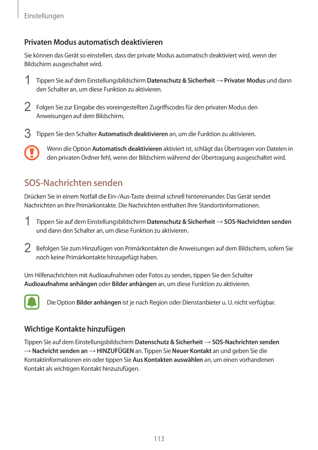 Samsung SM-G920FZKEDBT manual SOS-Nachrichten senden, Privaten Modus automatisch deaktivieren, Wichtige Kontakte hinzufügen 