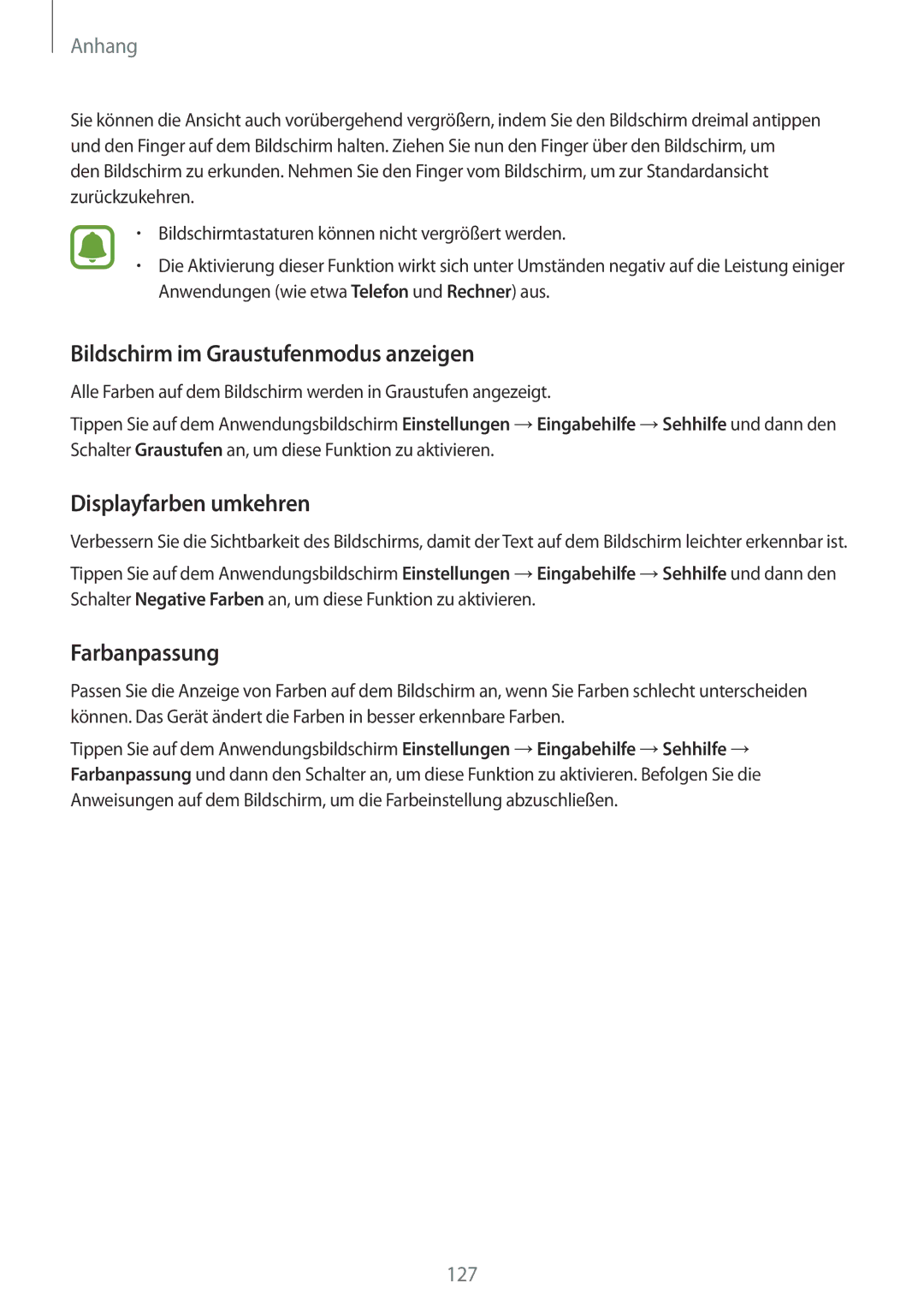 Samsung SM-G920FZDFDBT, SM-G920FZKFDBT manual Bildschirm im Graustufenmodus anzeigen, Displayfarben umkehren, Farbanpassung 