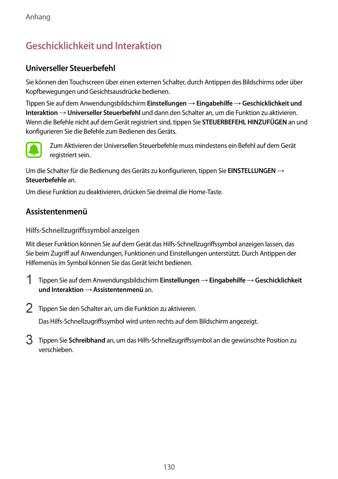 Samsung SM-G920FZDEDBT, SM-G920FZKFDBT manual Geschicklichkeit und Interaktion, Universeller Steuerbefehl, Assistentenmenü 