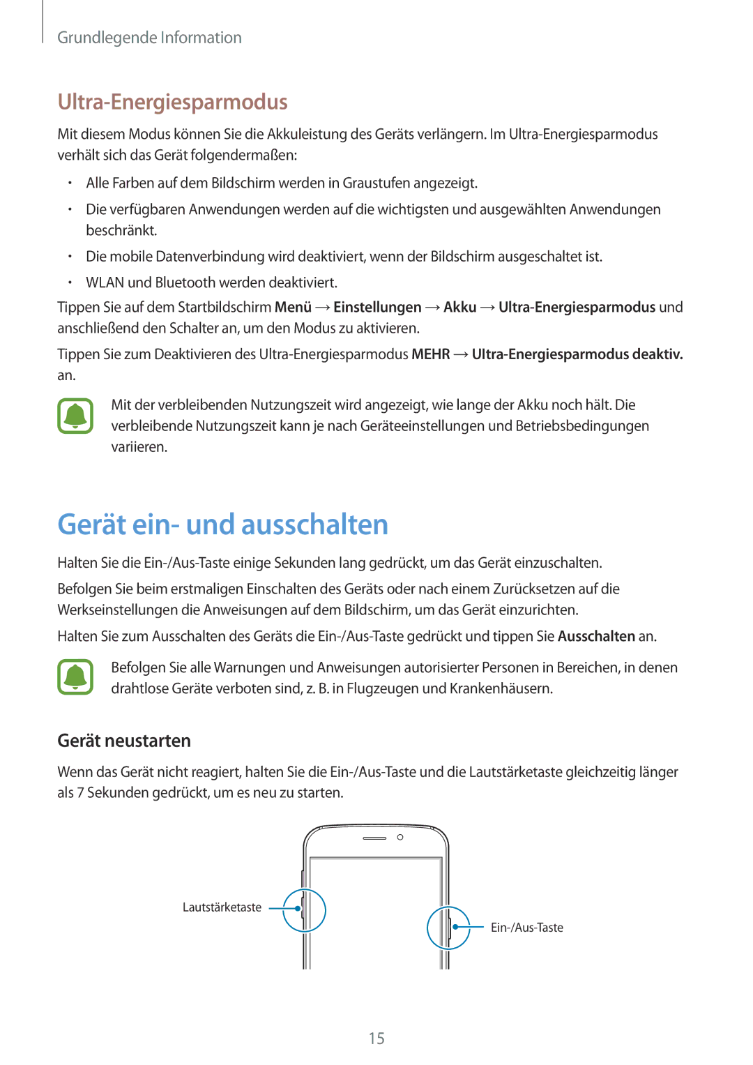 Samsung SM-G920FZDFDBT, SM-G920FZKFDBT, SM-G920FZKEDBT Gerät ein- und ausschalten, Ultra-Energiesparmodus, Gerät neustarten 