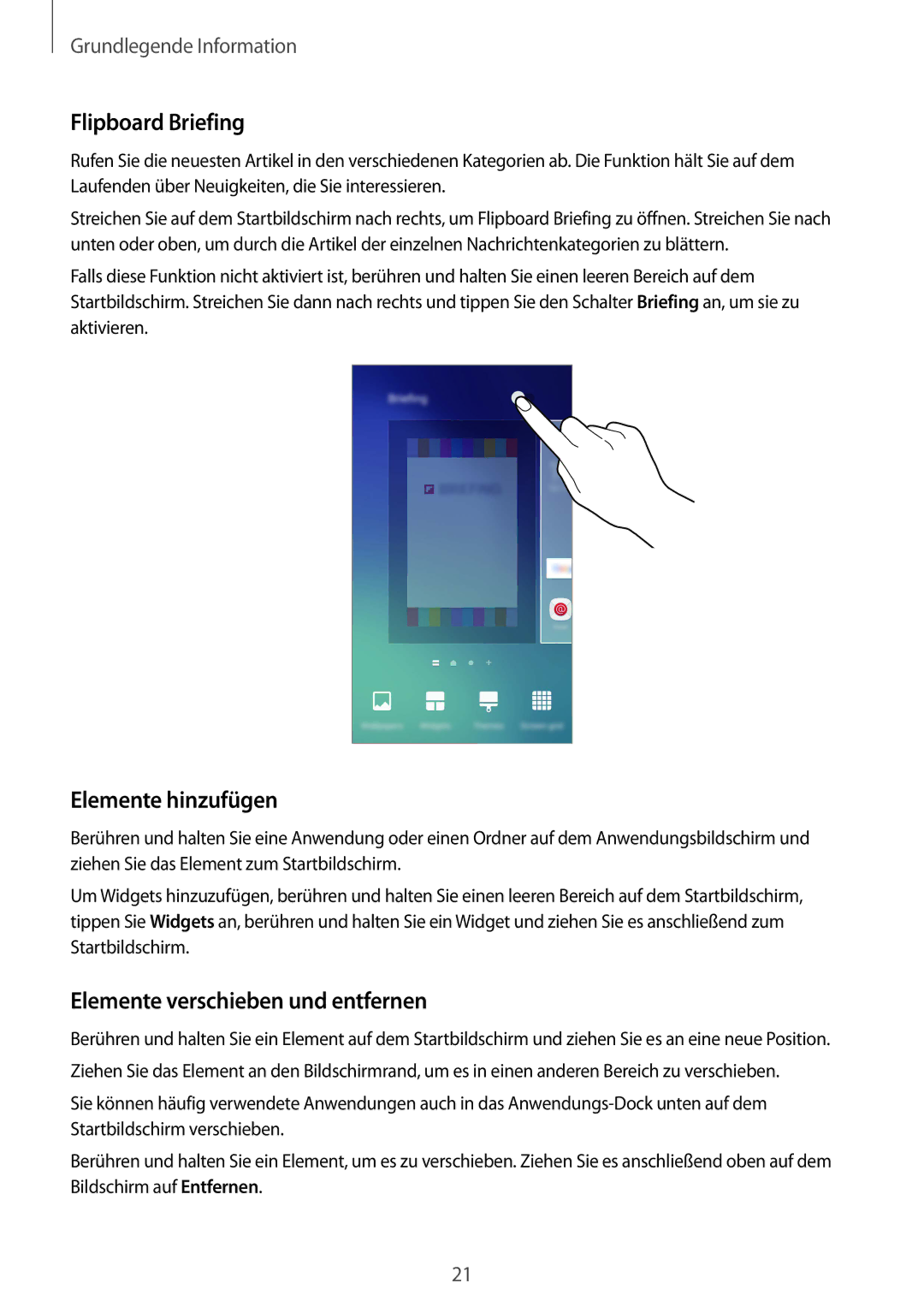 Samsung SM-G920FZWEDBT, SM-G920FZKFDBT manual Flipboard Briefing, Elemente hinzufügen, Elemente verschieben und entfernen 