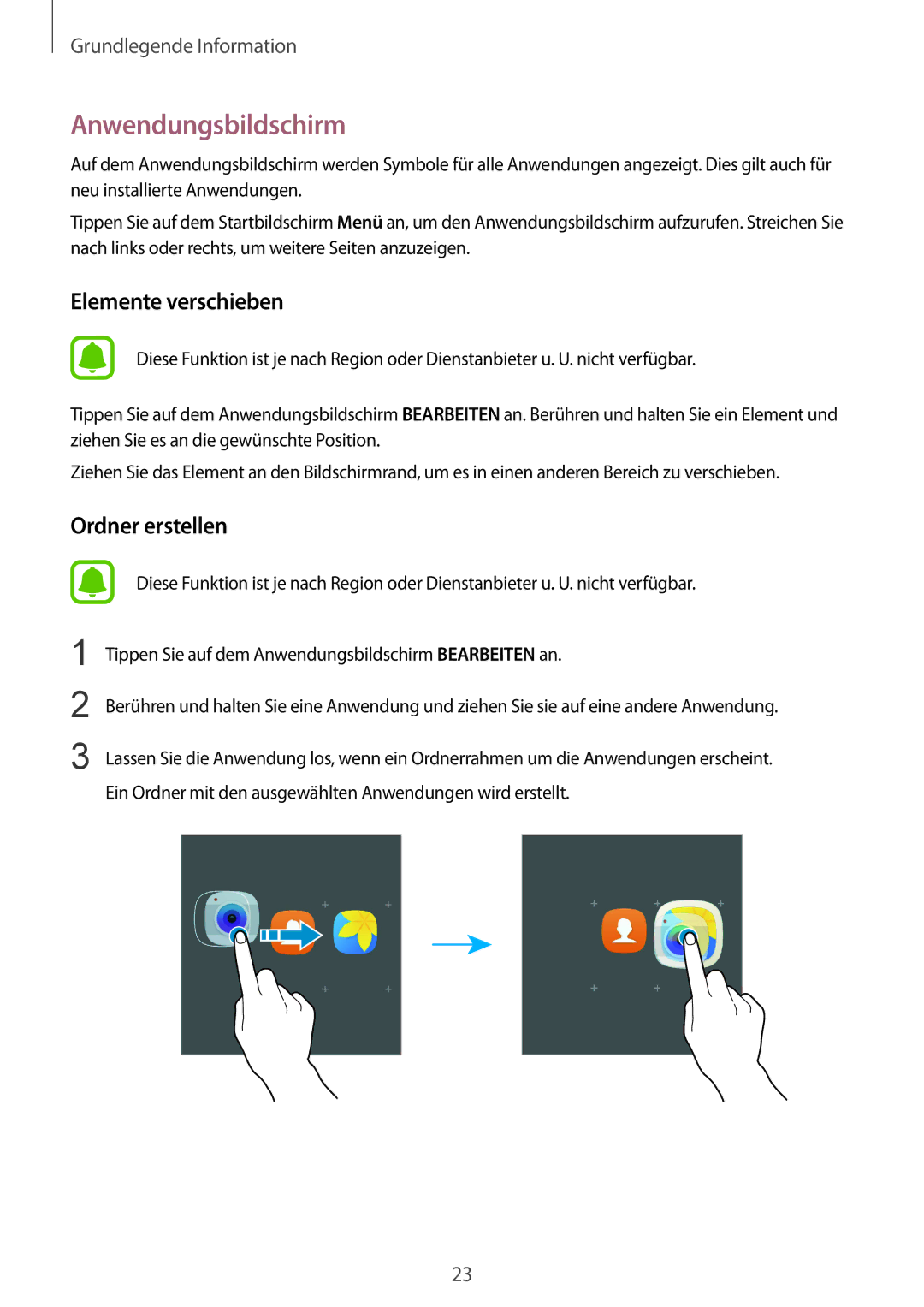 Samsung SM-G920FZDFDBT, SM-G920FZKFDBT, SM-G920FZKEDBT, SM-G920FZDEDBT manual Anwendungsbildschirm, Elemente verschieben 