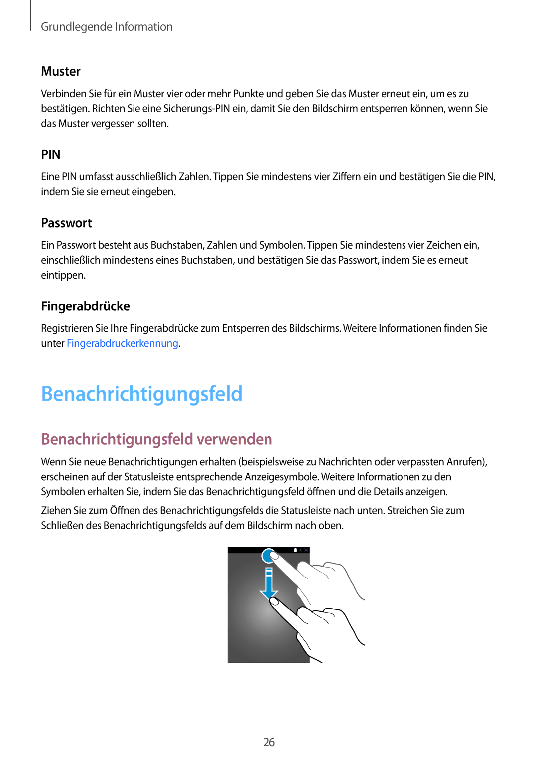 Samsung SM-G920FZDEDBT, SM-G920FZKFDBT manual Benachrichtigungsfeld verwenden, Muster, Passwort, Fingerabdrücke 