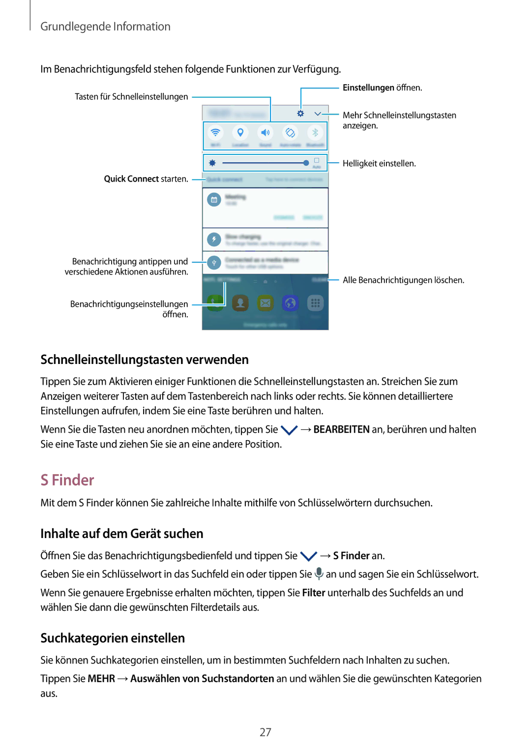 Samsung SM-G920FZBEDBT, SM-G920FZKFDBT manual Finder, Schnelleinstellungstasten verwenden, Inhalte auf dem Gerät suchen 