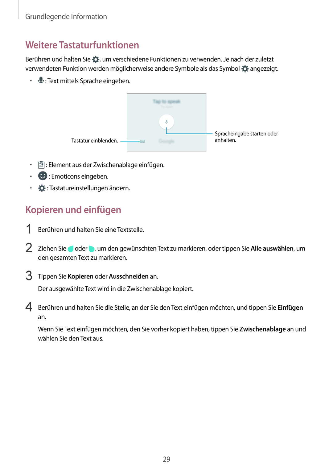 Samsung SM-G920FZWEDBT manual Weitere Tastaturfunktionen, Kopieren und einfügen, Tippen Sie Kopieren oder Ausschneiden an 