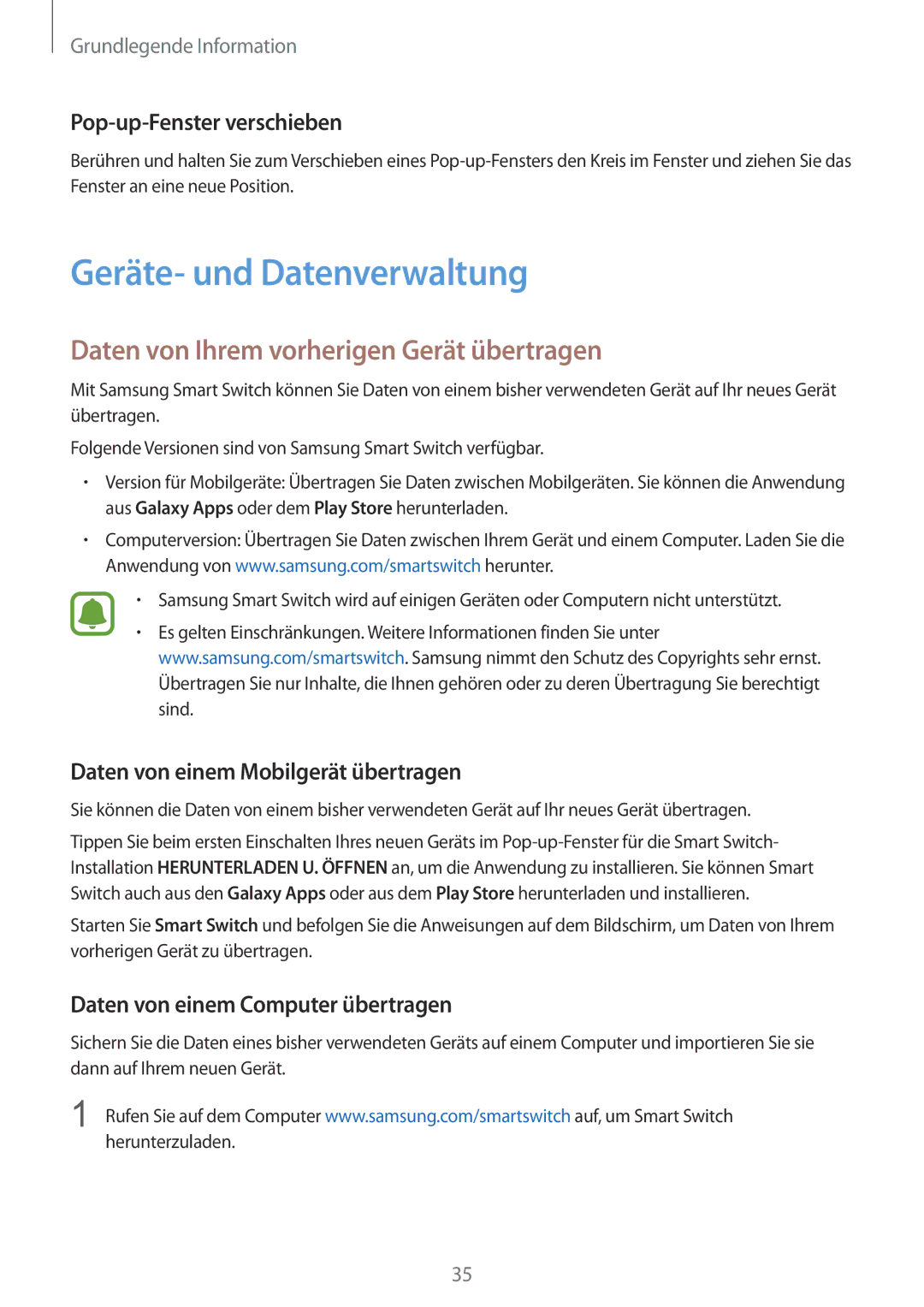 Samsung SM-G920FZBEDBT, SM-G920FZKFDBT manual Geräte- und Datenverwaltung, Daten von Ihrem vorherigen Gerät übertragen 