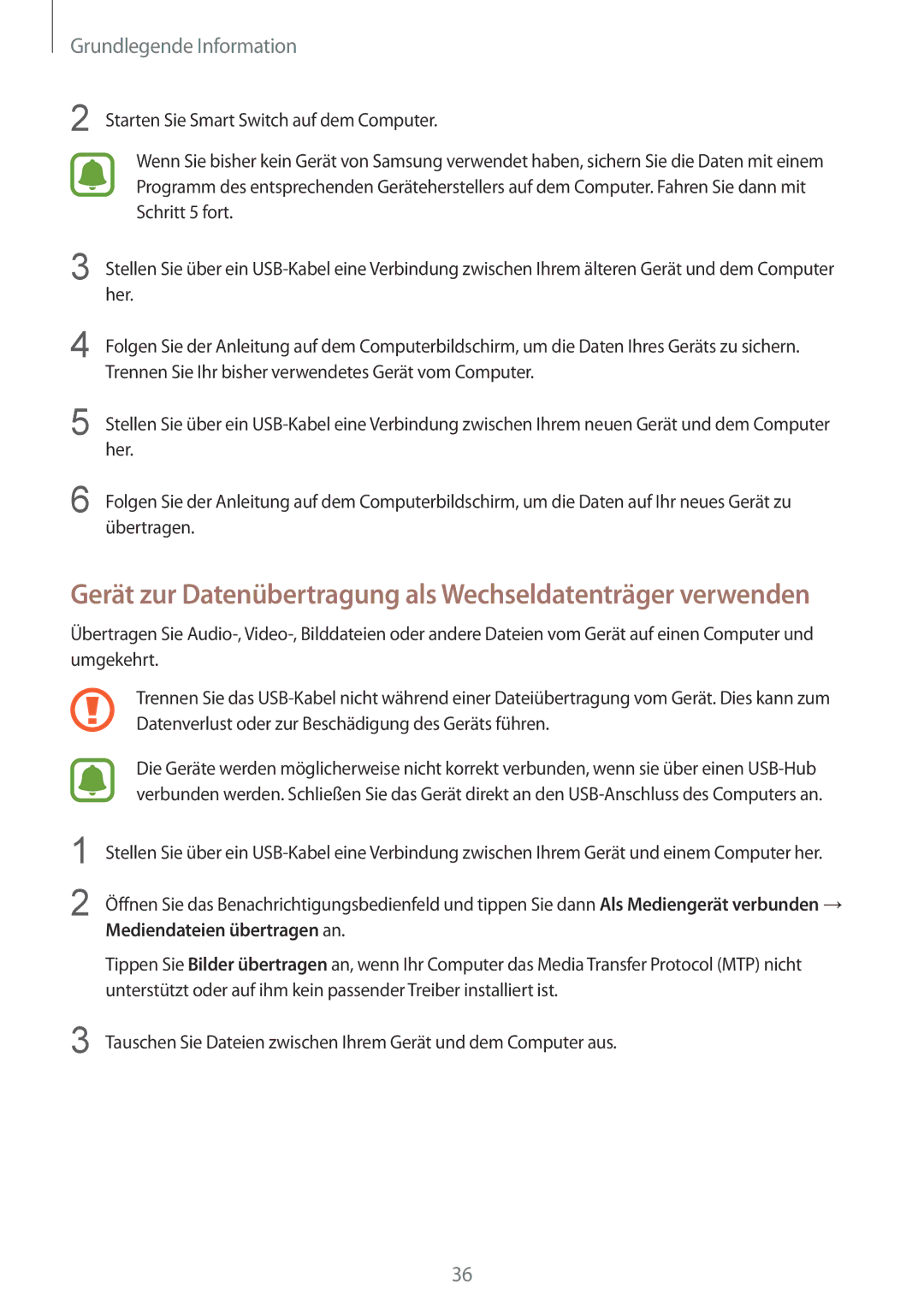 Samsung SM-G920FZBFDBT manual Gerät zur Datenübertragung als Wechseldatenträger verwenden, Mediendateien übertragen an 