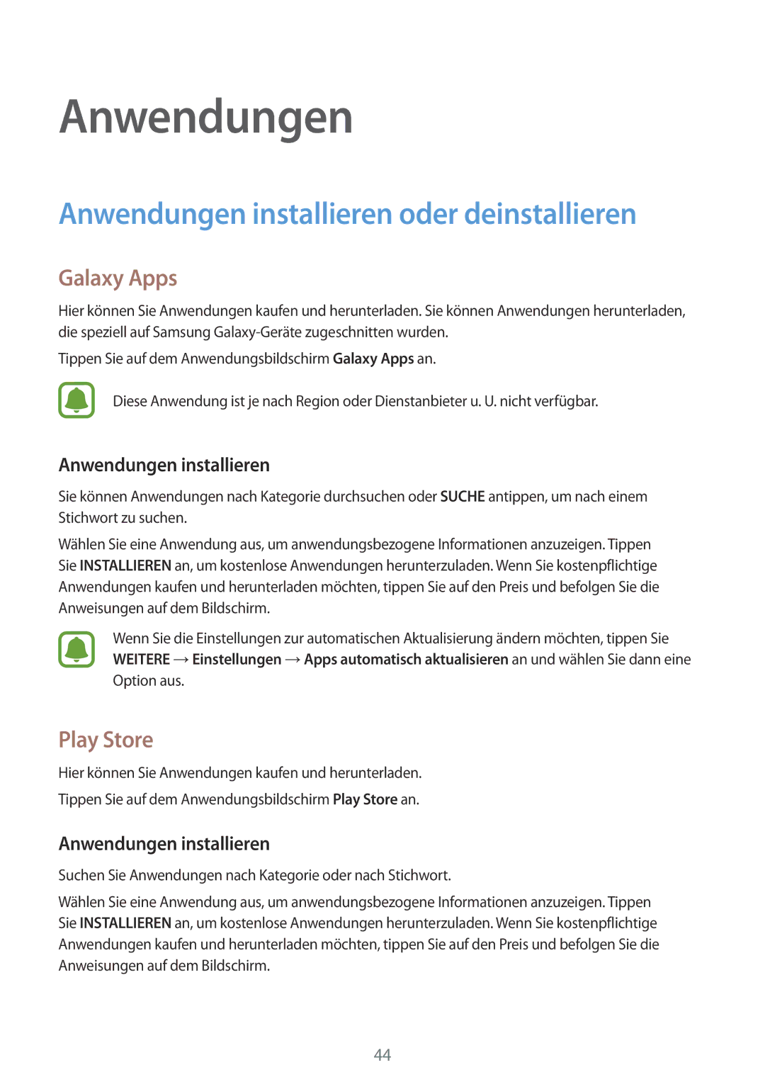 Samsung SM-G920FZBFDBT, SM-G920FZKFDBT manual Anwendungen installieren oder deinstallieren, Galaxy Apps, Play Store 