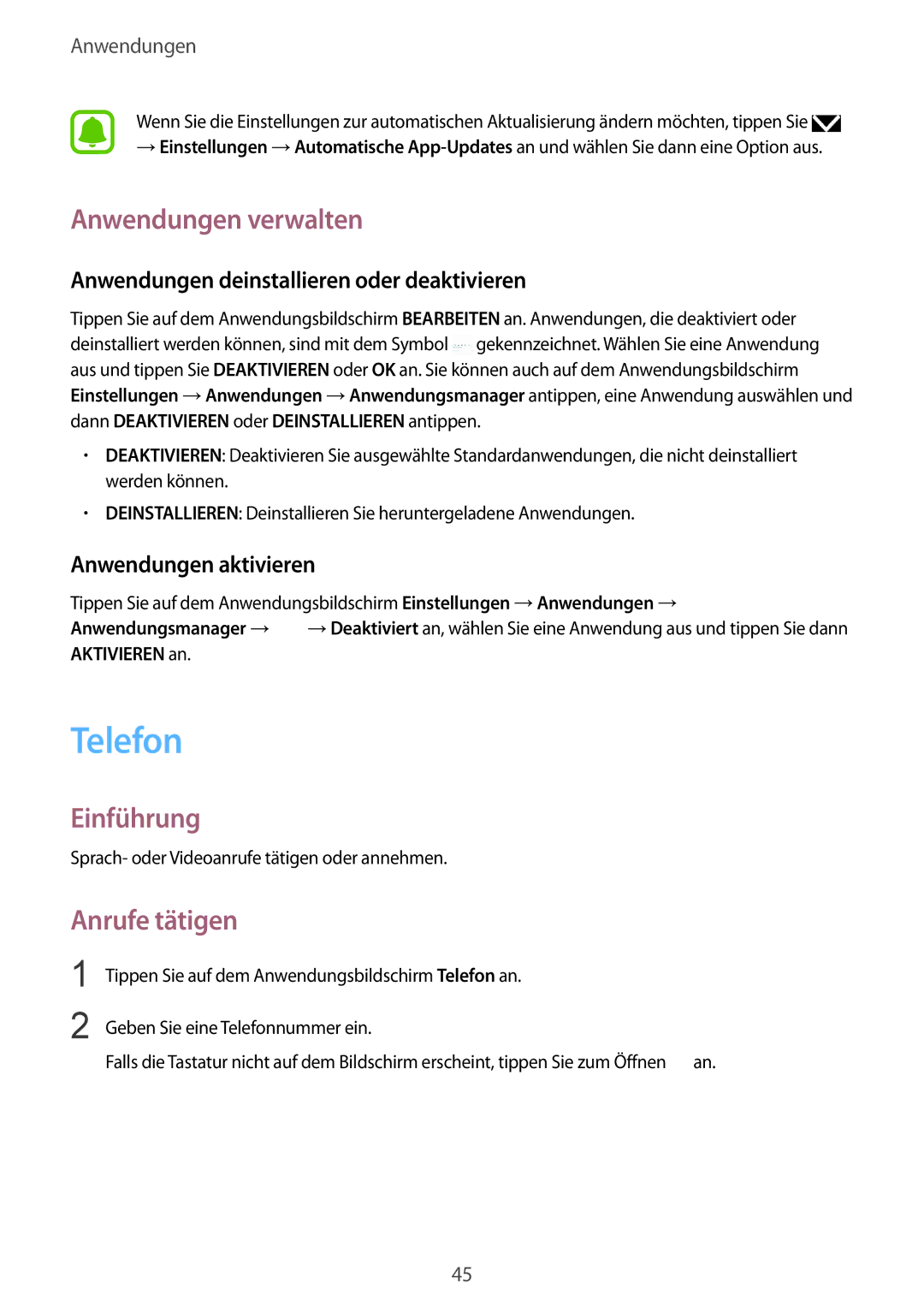 Samsung SM-G920FZWEDBT manual Telefon, Anwendungen verwalten, Anrufe tätigen, Anwendungen deinstallieren oder deaktivieren 