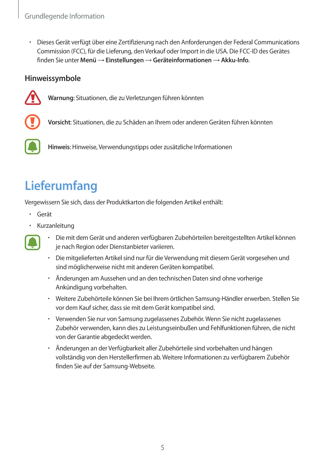 Samsung SM-G920FZWEDBT, SM-G920FZKFDBT, SM-G920FZKEDBT, SM-G920FZDEDBT, SM-G920FZBEDBT manual Lieferumfang, Hinweissymbole 