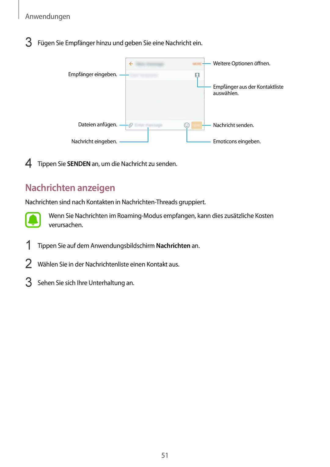 Samsung SM-G920FZBEDBT, SM-G920FZKFDBT Nachrichten anzeigen, Fügen Sie Empfänger hinzu und geben Sie eine Nachricht ein 