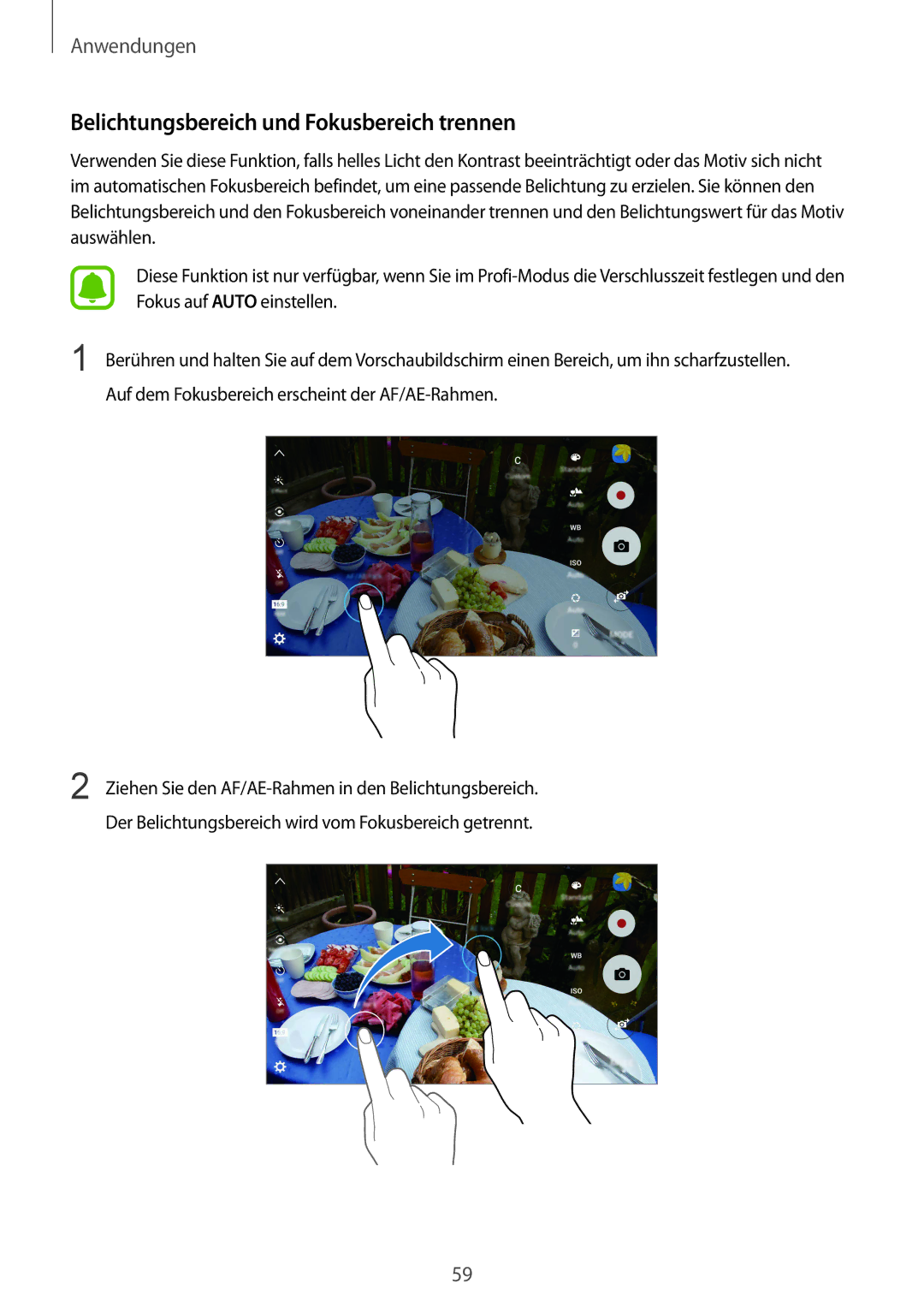 Samsung SM-G920FZBEDBT, SM-G920FZKFDBT, SM-G920FZKEDBT, SM-G920FZDEDBT manual Belichtungsbereich und Fokusbereich trennen 