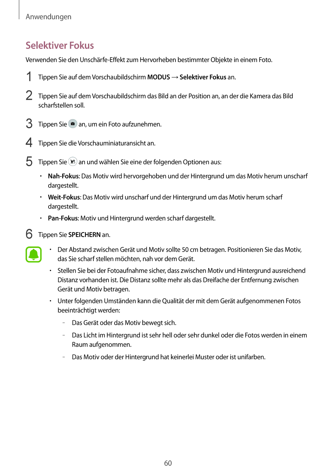 Samsung SM-G920FZBFDBT, SM-G920FZKFDBT, SM-G920FZKEDBT, SM-G920FZDEDBT, SM-G920FZBEDBT, SM-G920FZWEDBT manual Selektiver Fokus 