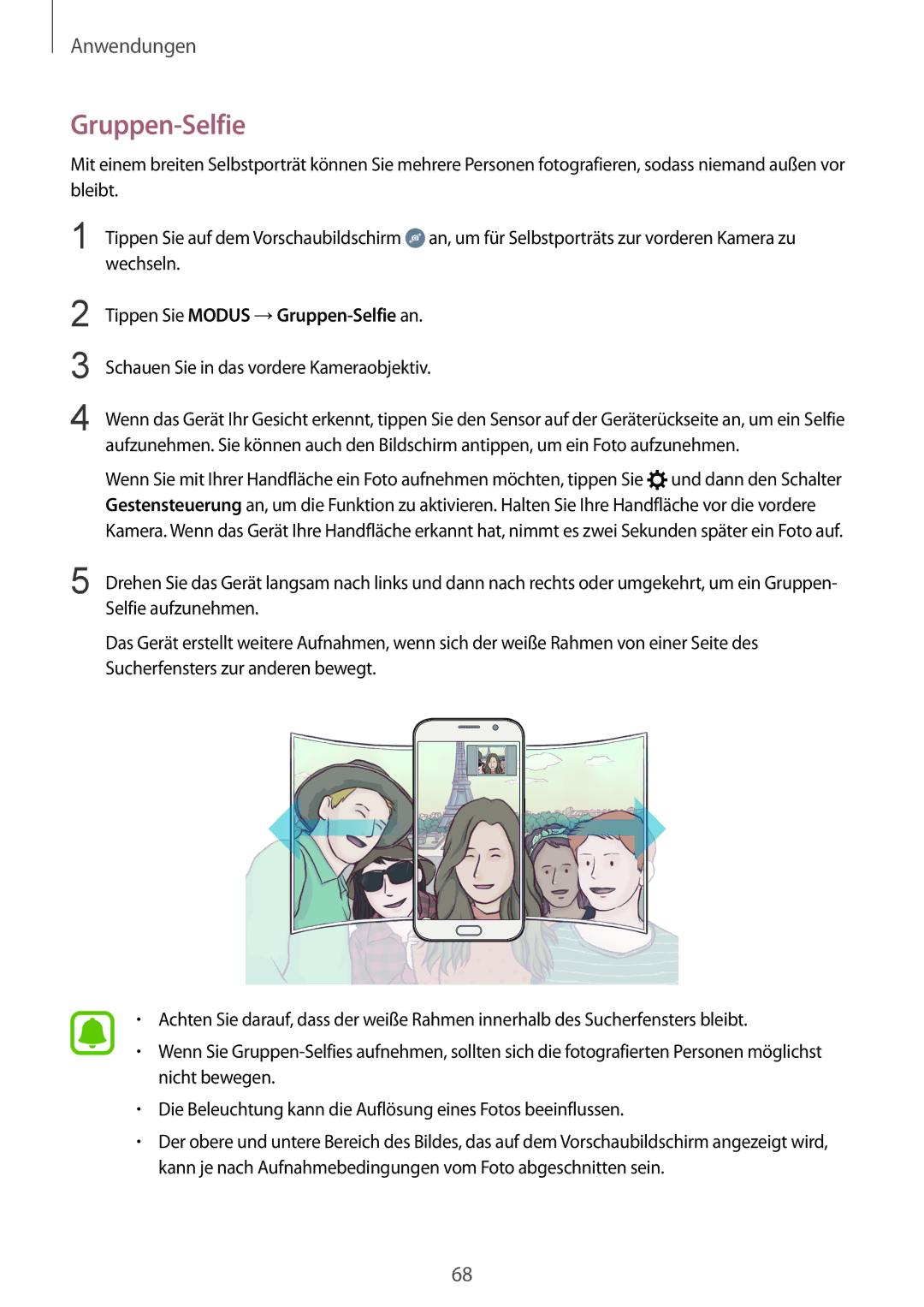 Samsung SM-G920FZBFDBT, SM-G920FZKFDBT, SM-G920FZKEDBT, SM-G920FZDEDBT manual Tippen Sie Modus →Gruppen-Selfie an 