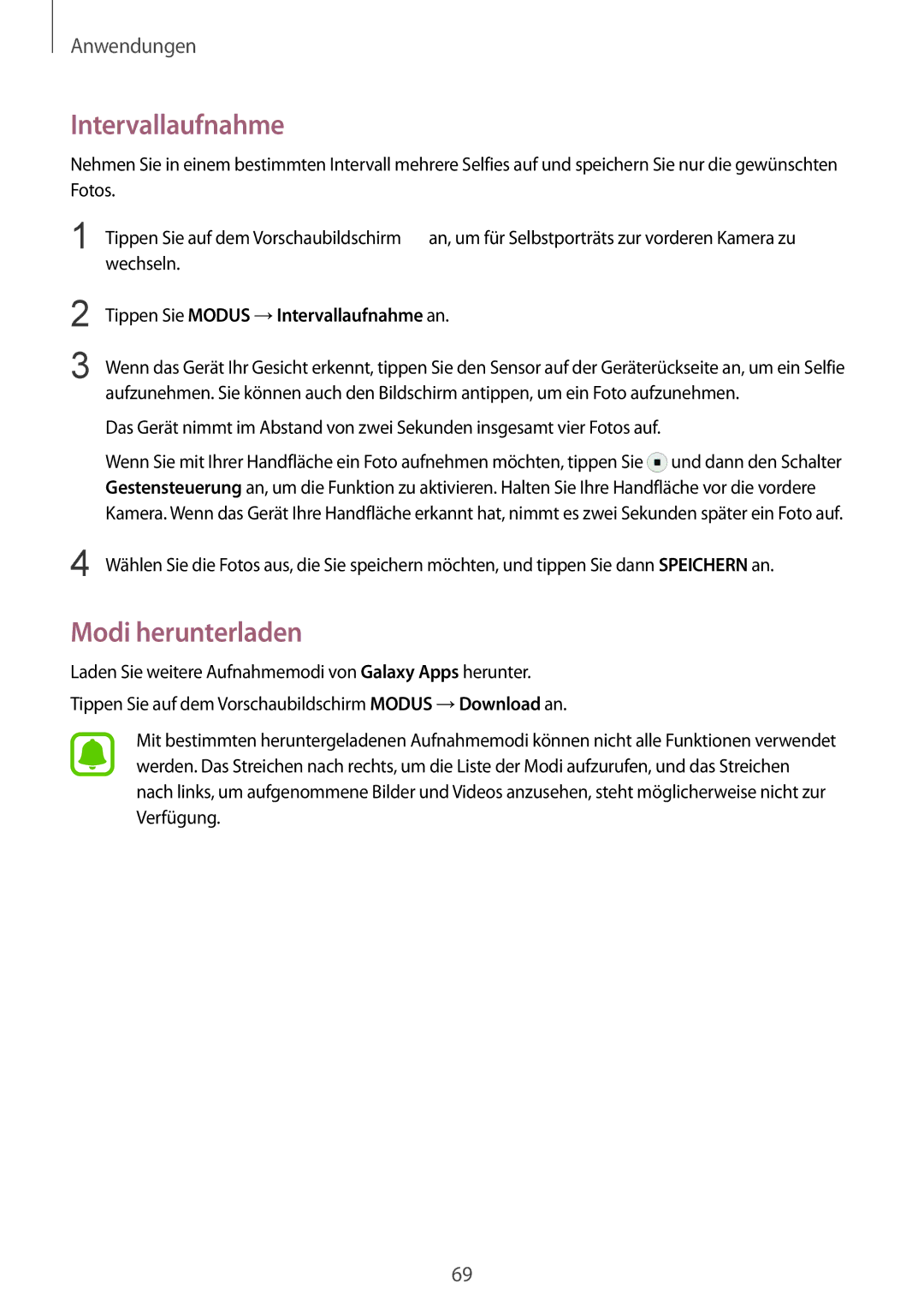 Samsung SM-G920FZWEDBT, SM-G920FZKFDBT, SM-G920FZKEDBT manual Modi herunterladen, Tippen Sie Modus →Intervallaufnahme an 