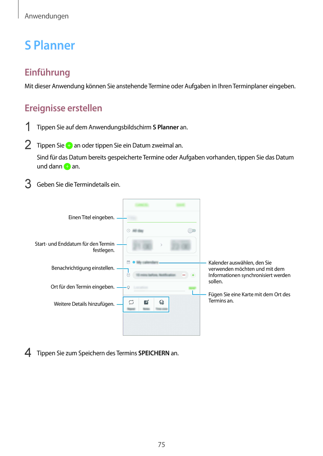 Samsung SM-G920FZBEDBT, SM-G920FZKFDBT, SM-G920FZKEDBT, SM-G920FZDEDBT, SM-G920FZBFDBT manual Planner, Ereignisse erstellen 