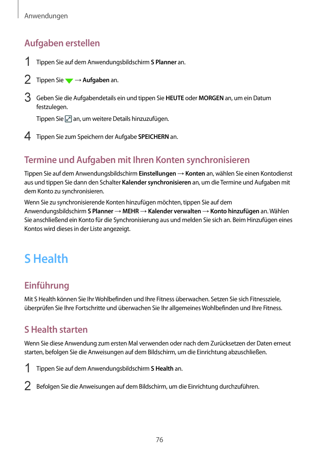 Samsung SM-G920FZBFDBT manual Aufgaben erstellen, Termine und Aufgaben mit Ihren Konten synchronisieren, Health starten 