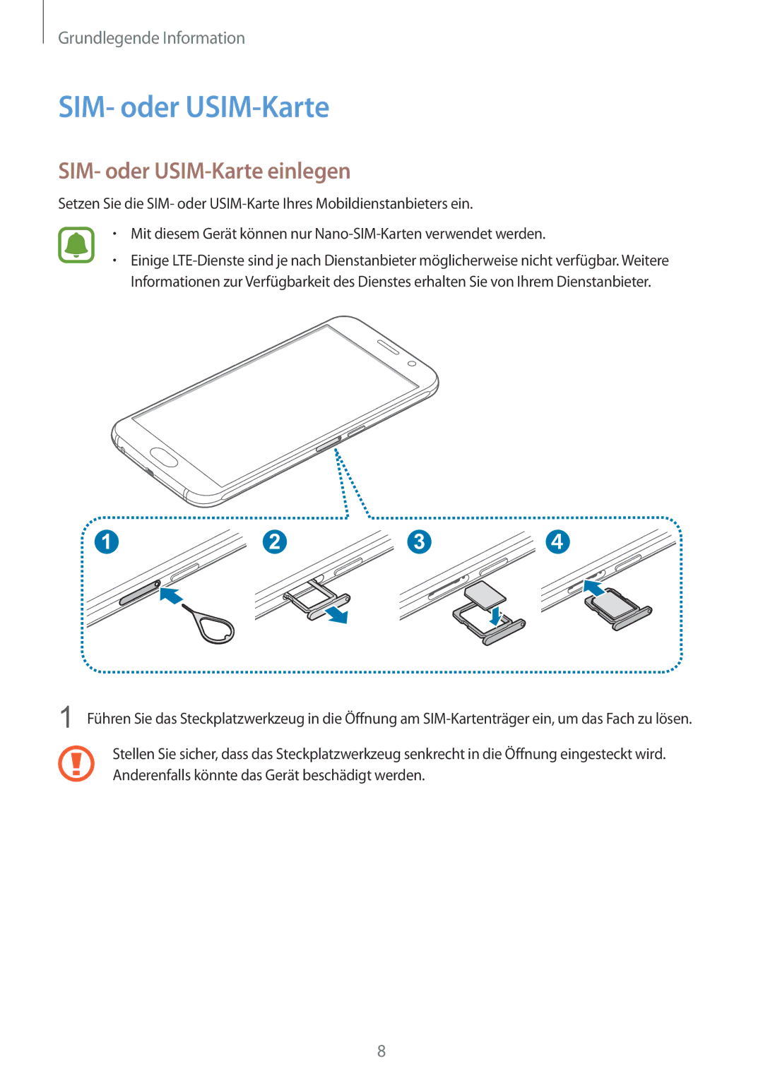 Samsung SM-G920FZKFDBT, SM-G920FZKEDBT, SM-G920FZDEDBT, SM-G920FZBEDBT, SM-G920FZBFDBT manual SIM- oder USIM-Karte einlegen 