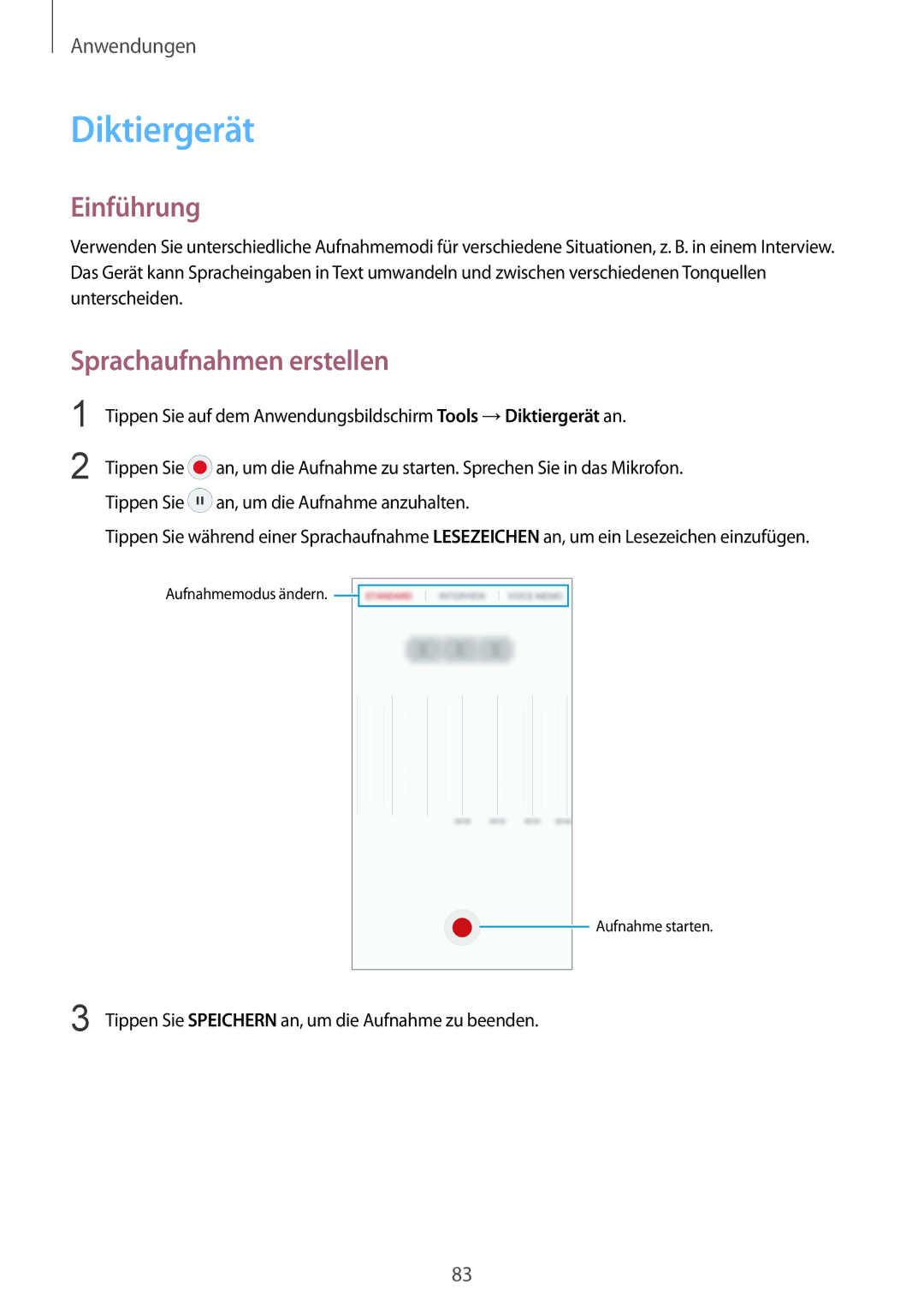 Samsung SM-G920FZBEDBT, SM-G920FZKFDBT, SM-G920FZKEDBT, SM-G920FZDEDBT manual Diktiergerät, Sprachaufnahmen erstellen 