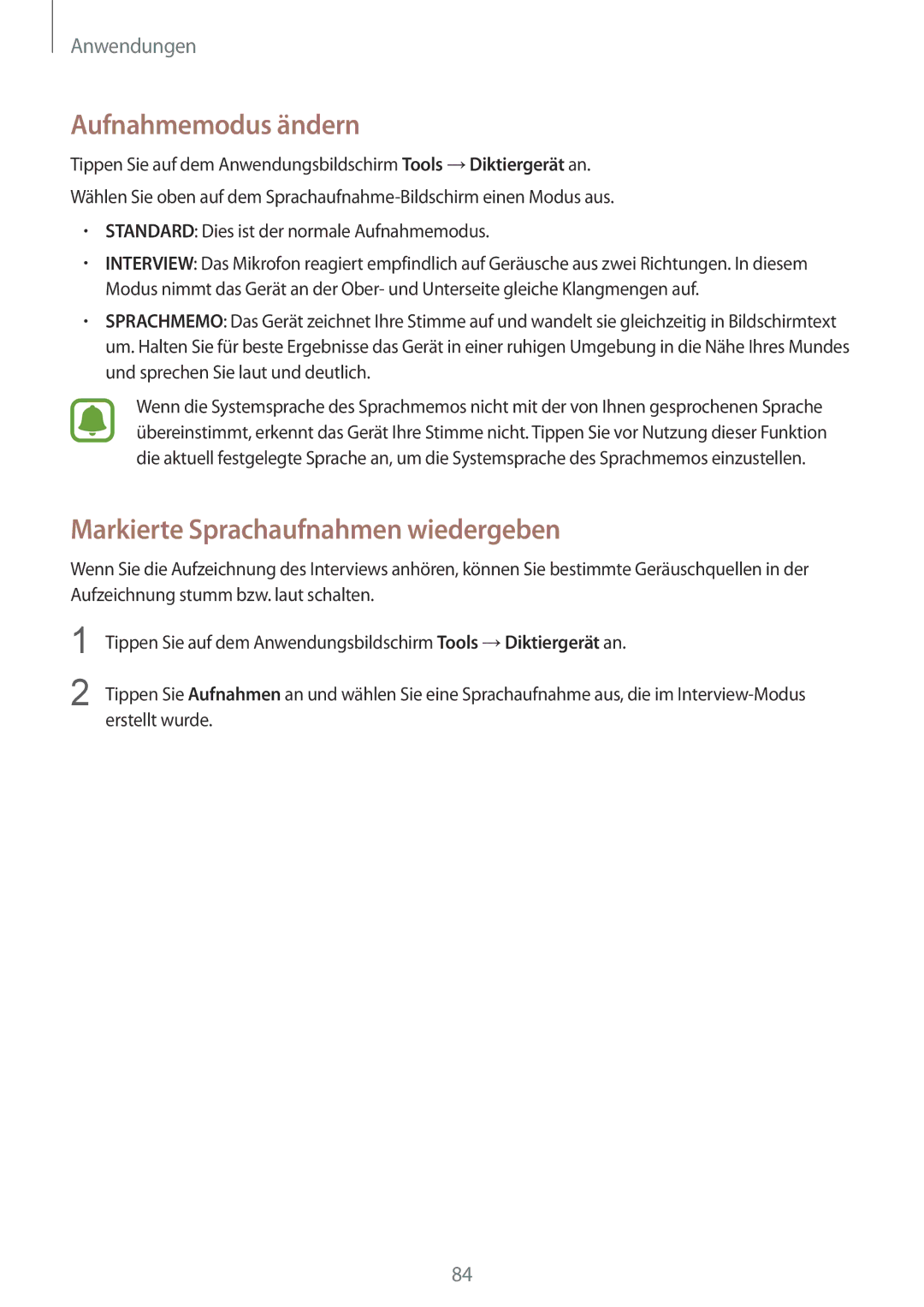 Samsung SM-G920FZBFDBT, SM-G920FZKFDBT, SM-G920FZKEDBT manual Aufnahmemodus ändern, Markierte Sprachaufnahmen wiedergeben 