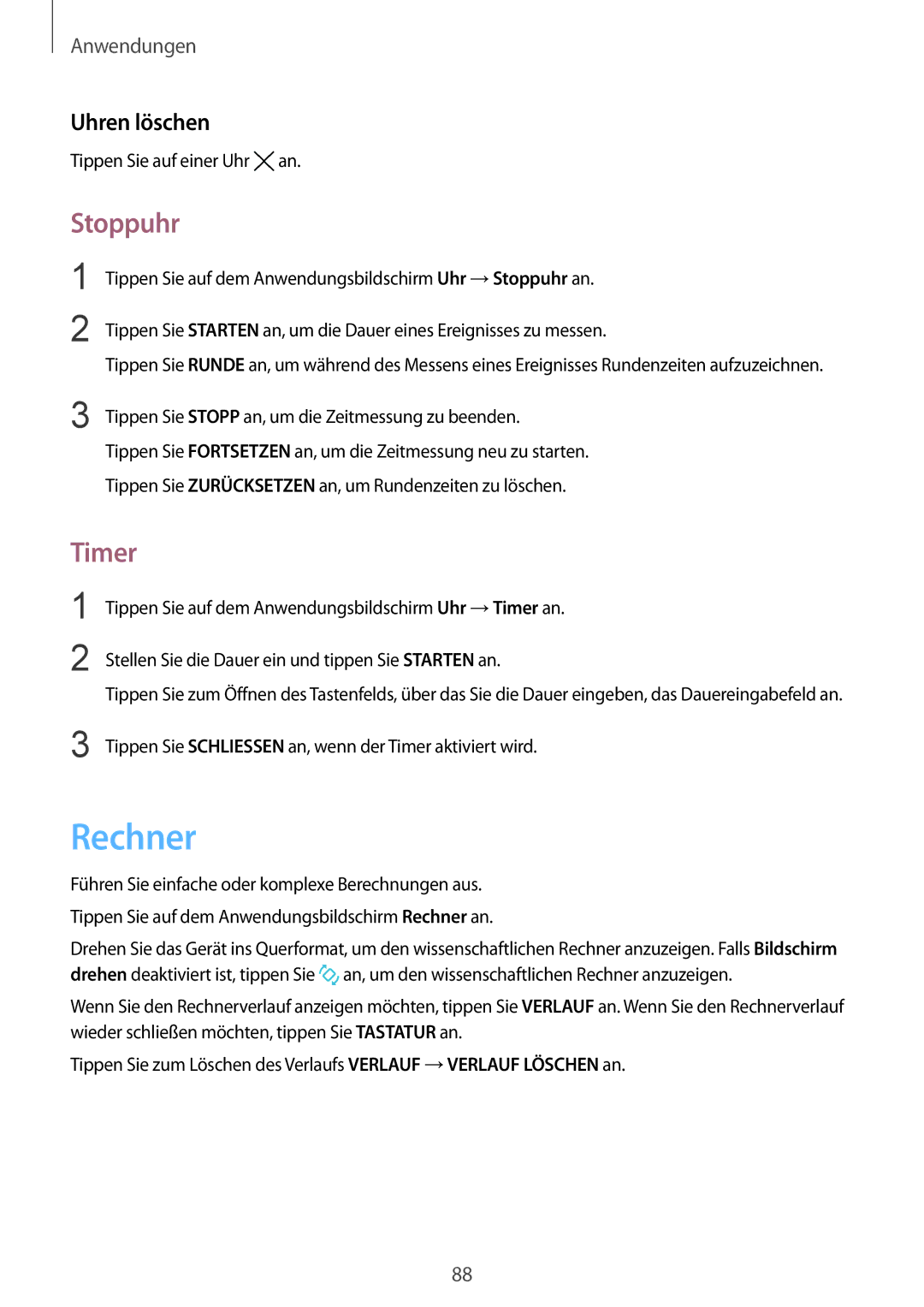 Samsung SM-G920FZKFDBT, SM-G920FZKEDBT, SM-G920FZDEDBT, SM-G920FZBEDBT manual Rechner, Stoppuhr, Timer, Uhren löschen 