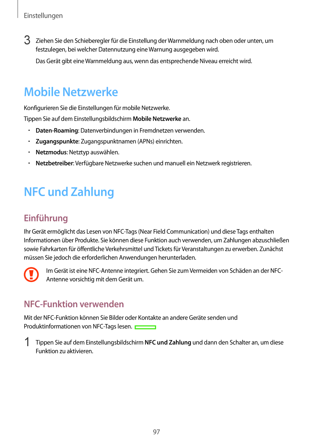 Samsung SM-G920FZKEDBT, SM-G920FZKFDBT, SM-G920FZDEDBT manual Mobile Netzwerke, NFC und Zahlung, NFC-Funktion verwenden 