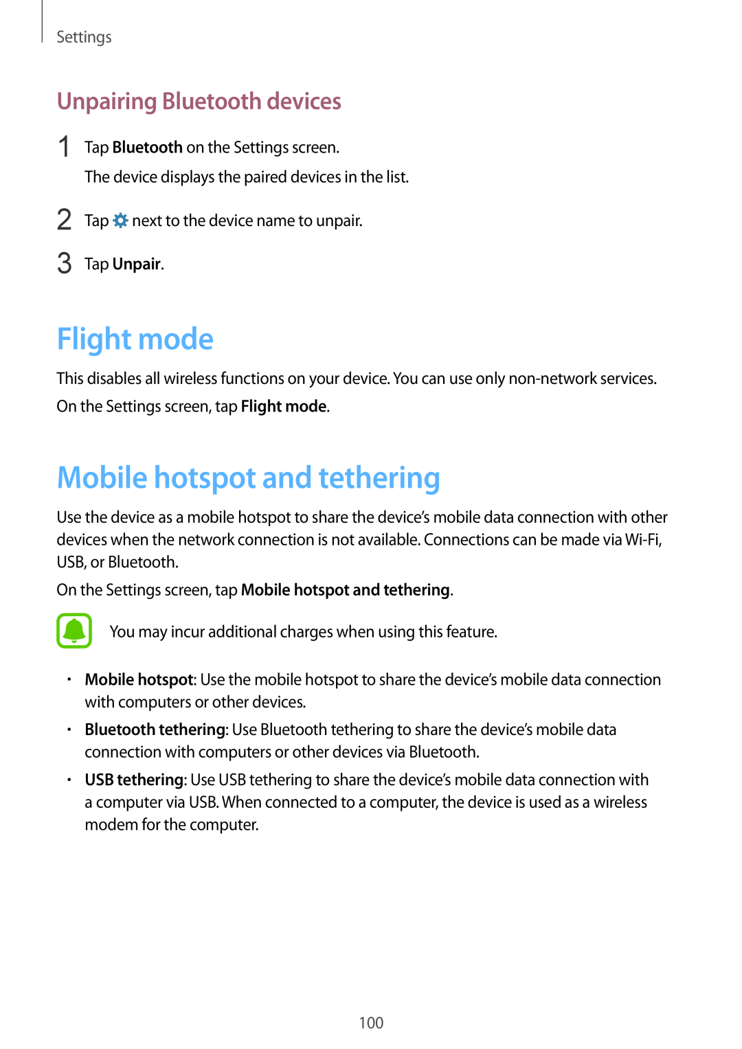Samsung SM-G920FZBAXXV manual Flight mode, Mobile hotspot and tethering, Unpairing Bluetooth devices, Tap Unpair, Settings 