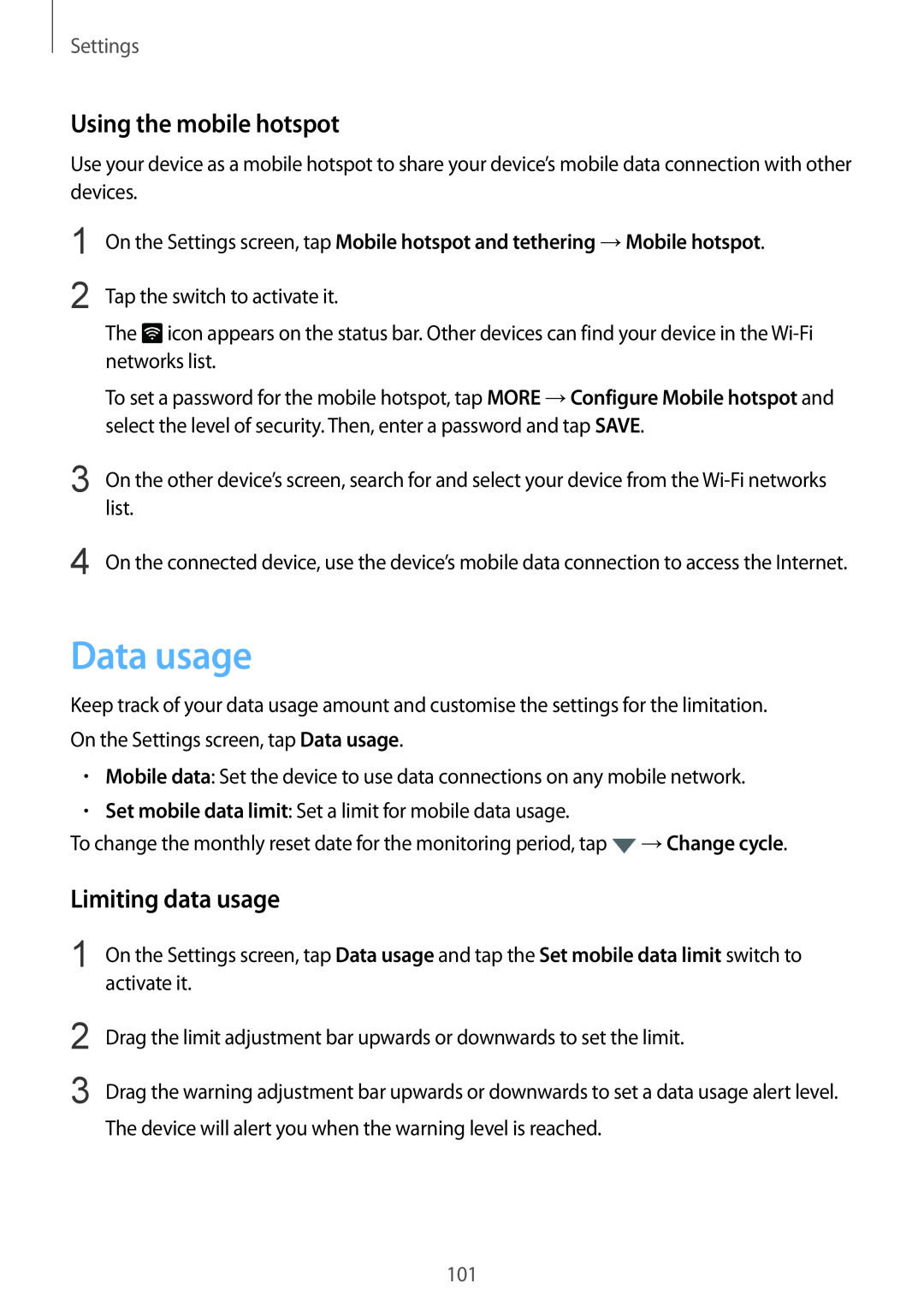 Samsung SM-G920FZDAXXV, SM-G920FZKFDBT, SM-G920FZKEDBT Data usage, Using the mobile hotspot, Limiting data usage, Settings 