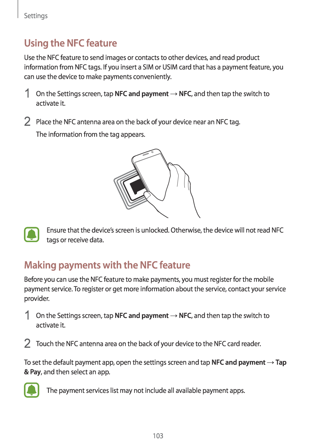 Samsung CG-G920FZDRVTC, SM-G920FZKFDBT manual Using the NFC feature, Making payments with the NFC feature, Settings 