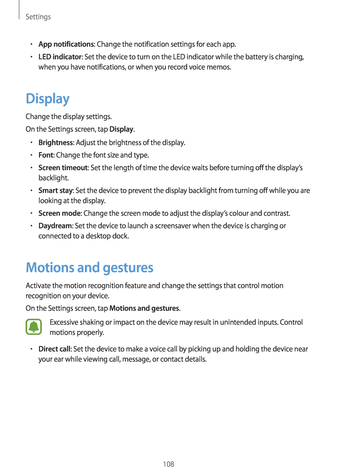 Samsung SM-G920FZBEETL, SM-G920FZKFDBT, SM-G920FZKEDBT, SM-G920FZDEDBT manual Display, Motions and gestures, Settings 