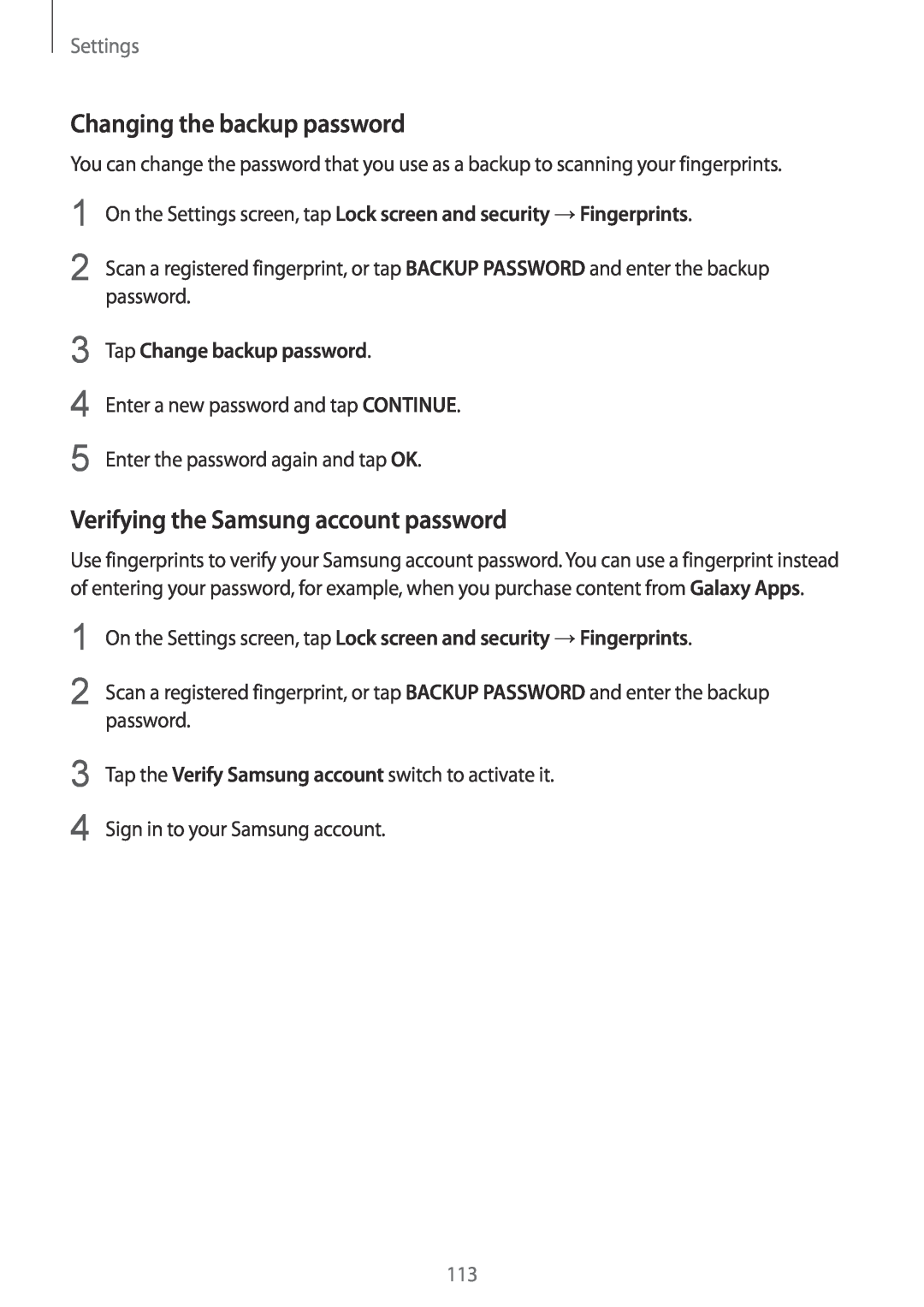 Samsung SM-G920FZWANEE Changing the backup password, Verifying the Samsung account password, Tap Change backup password 