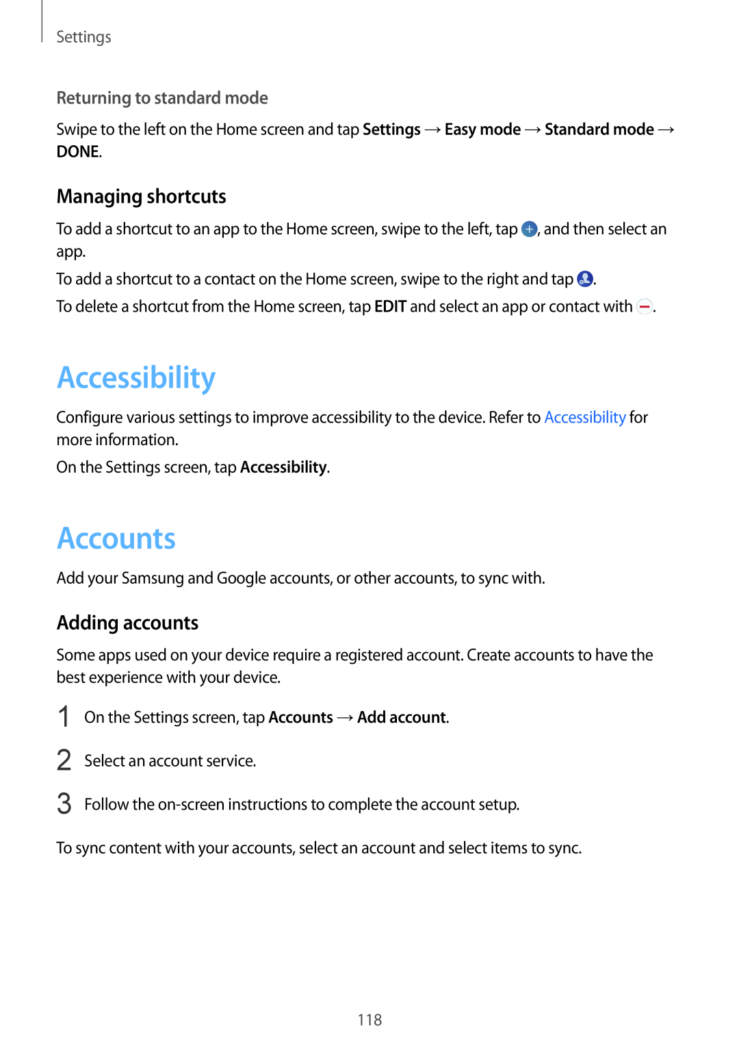 Samsung SM-G920FZBASEB Accessibility, Accounts, Managing shortcuts, Adding accounts, Returning to standard mode, Settings 