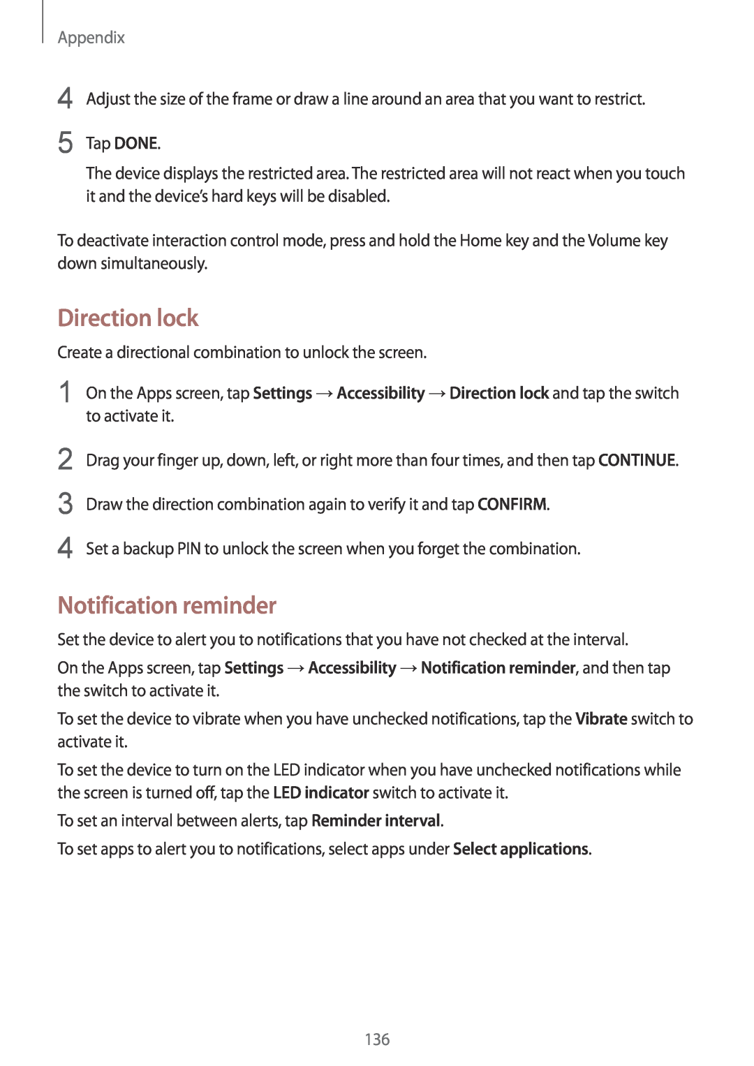 Samsung SM-G920FZBFDBT, SM-G920FZKFDBT, SM-G920FZKEDBT, SM-G920FZDEDBT manual Direction lock, Notification reminder, Appendix 