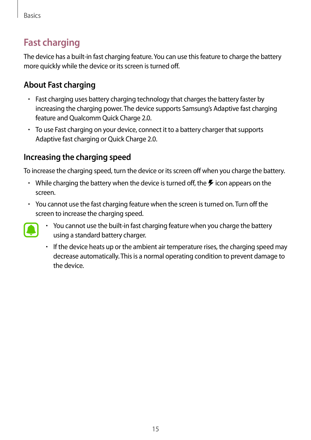 Samsung SM-G920FZKAITV, SM-G920FZKFDBT, SM-G920FZKEDBT manual About Fast charging, Increasing the charging speed, Basics 
