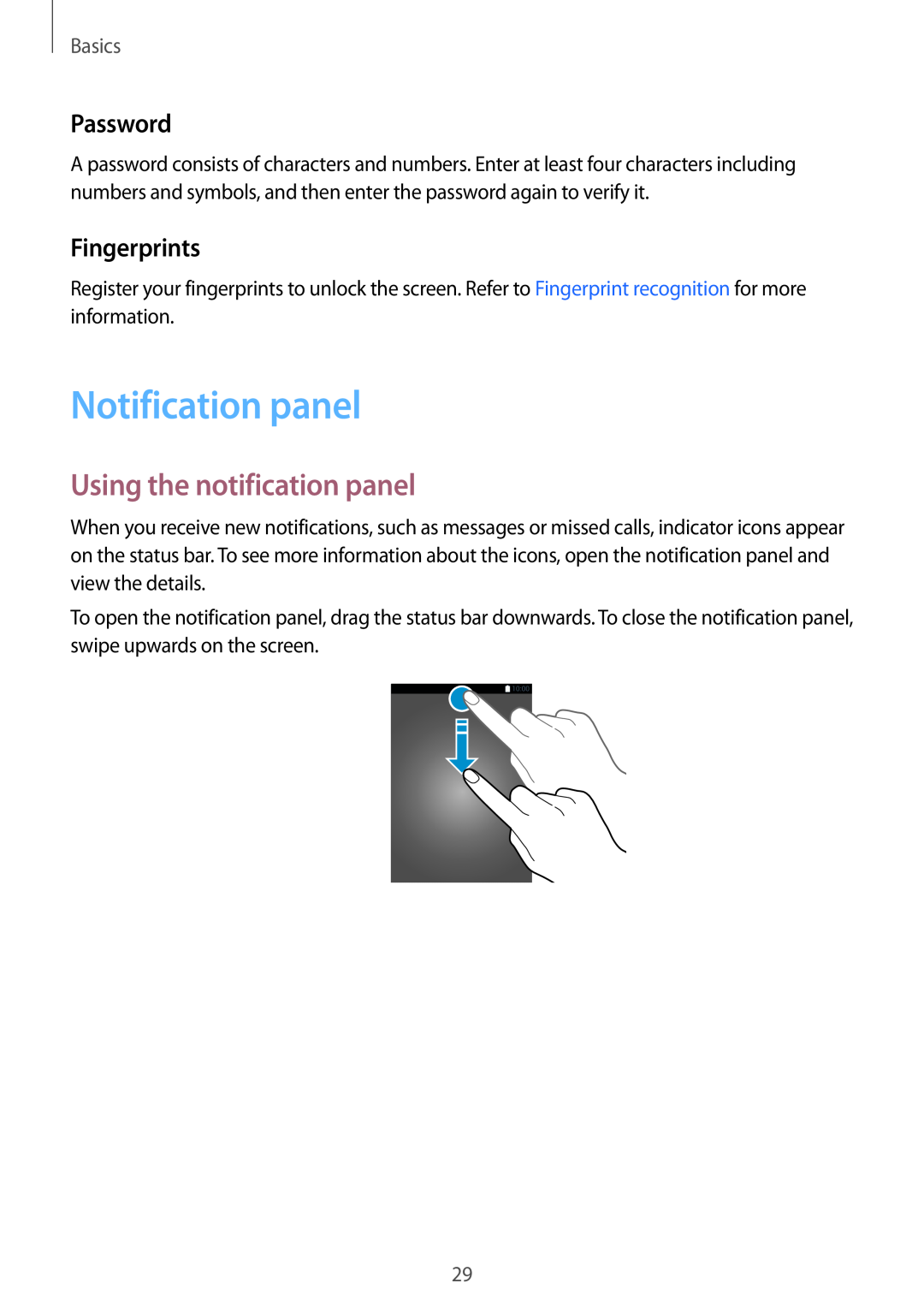 Samsung SM-G920FZKAKSA, SM-G920FZKFDBT Notification panel, Using the notification panel, Password, Fingerprints, Basics 