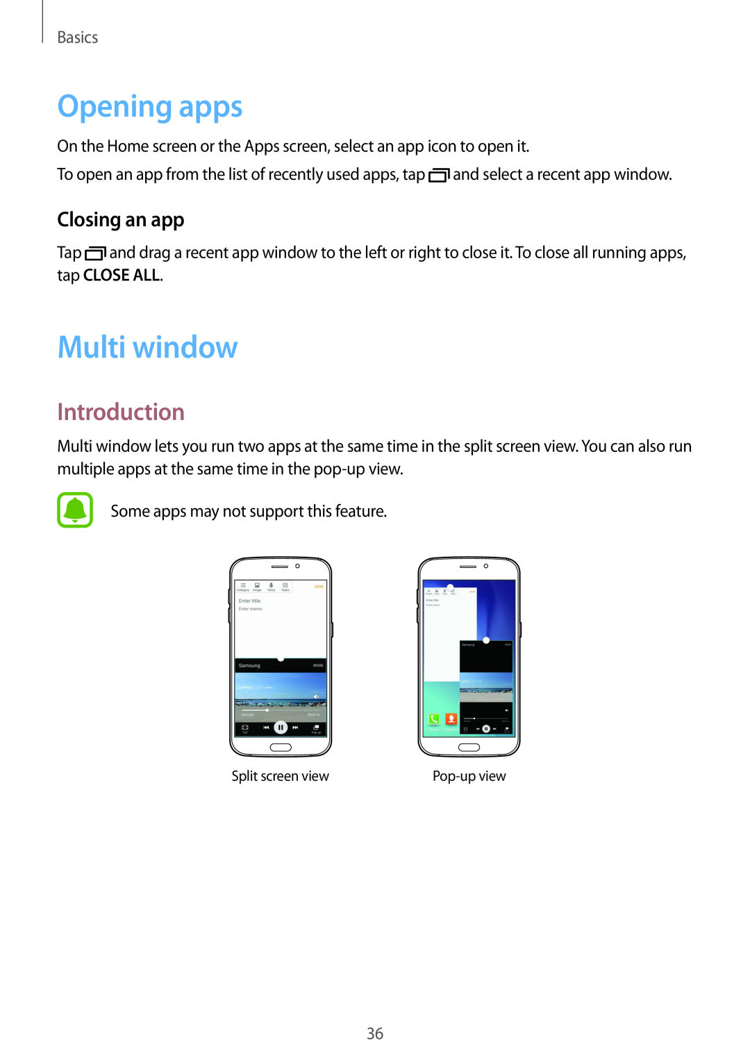 Samsung SM-G920FZDEXXV, SM-G920FZKFDBT, SM-G920FZKEDBT Opening apps, Multi window, Introduction, Closing an app, Basics 