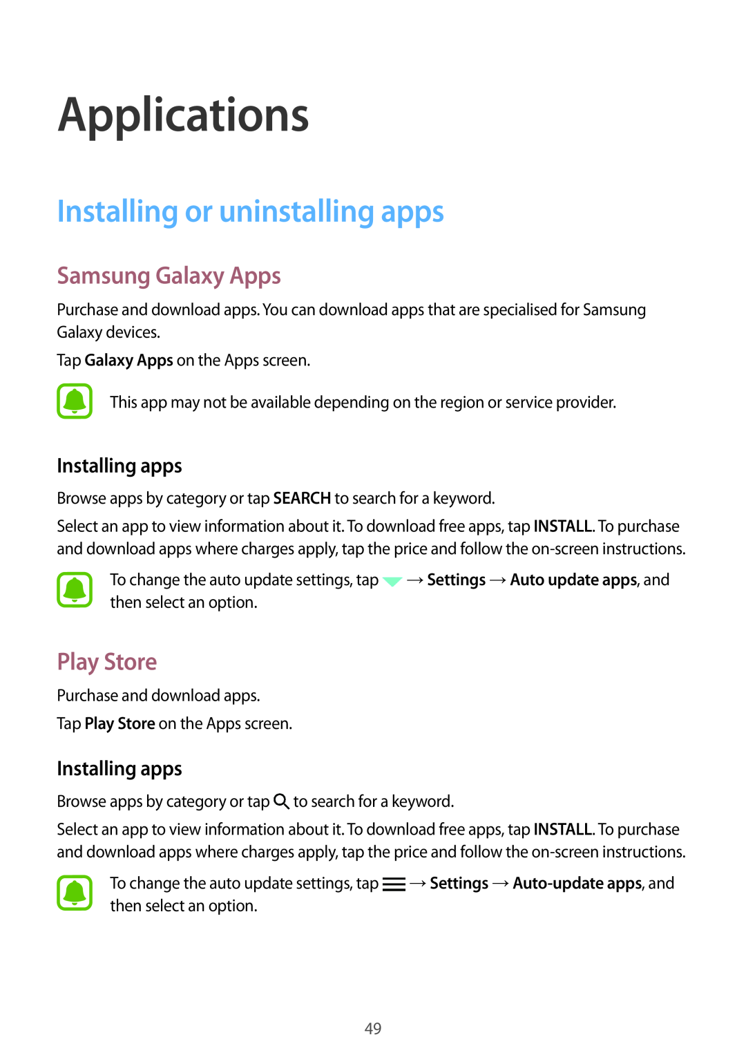 Samsung SM-G920FZKANEE Applications, Installing or uninstalling apps, Samsung Galaxy Apps, Play Store, Installing apps 
