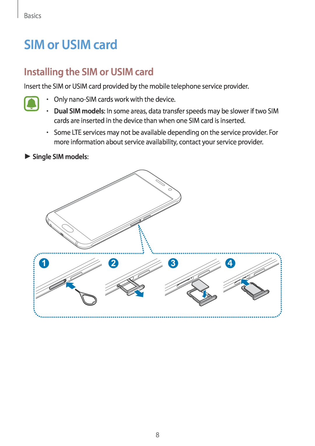 Samsung SM-G920FZWAXEF, SM-G920FZKFDBT, SM-G920FZKEDBT manual Installing the SIM or USIM card, Single SIM models, Basics 