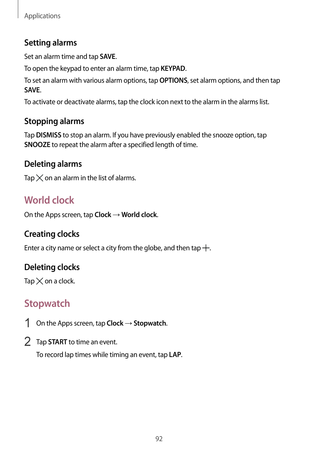 Samsung SM-G920IZBEKSA manual World clock, Stopwatch, Setting alarms, Stopping alarms, Deleting alarms, Creating clocks 